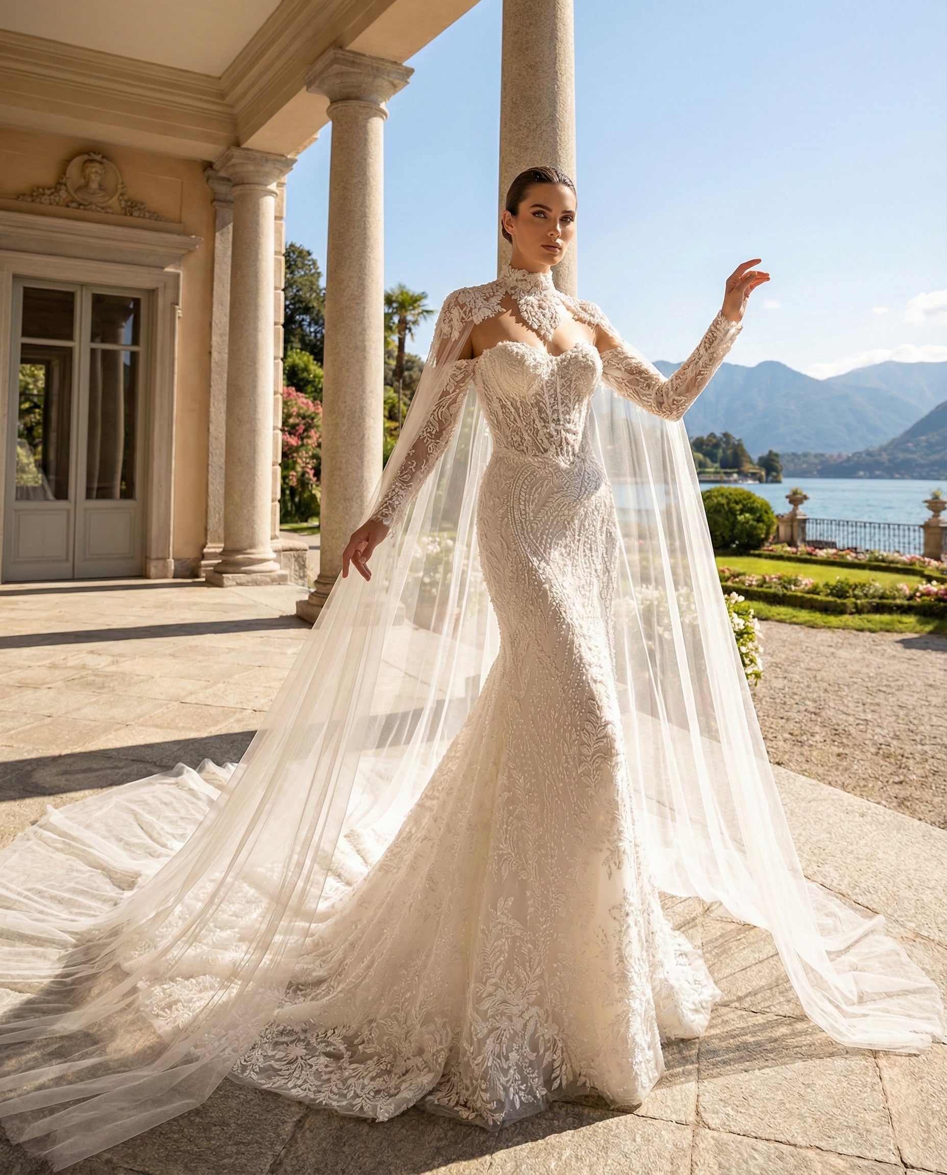 Abito da Sposa a Sirena in Pizzo con Mantella in Tulle – Luigi Bruno-LBS 395