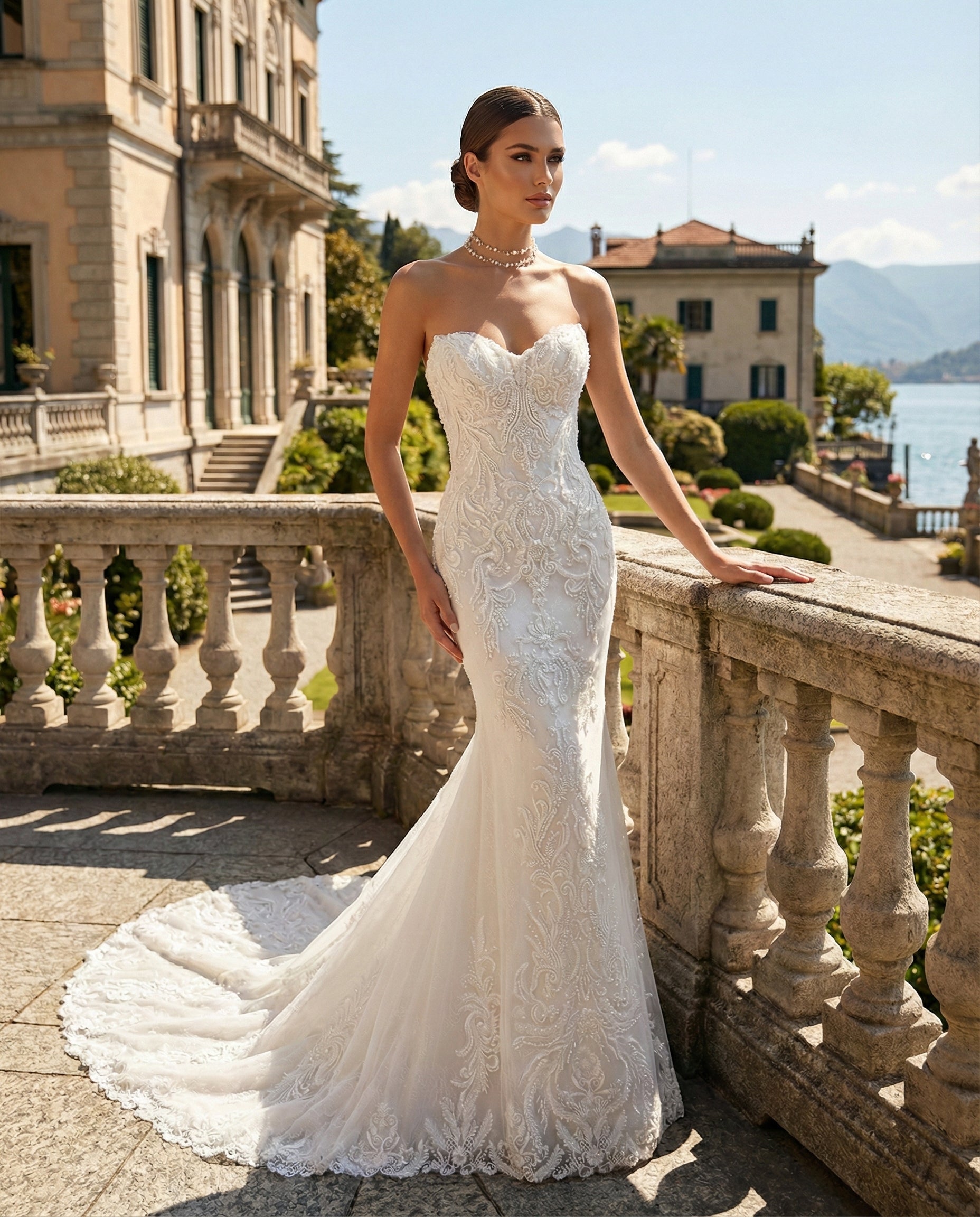 Abito da Sposa Modello LBS 400-2: Sirena in Pizzo con Sopragonna Scenografica -Luigi Bruno