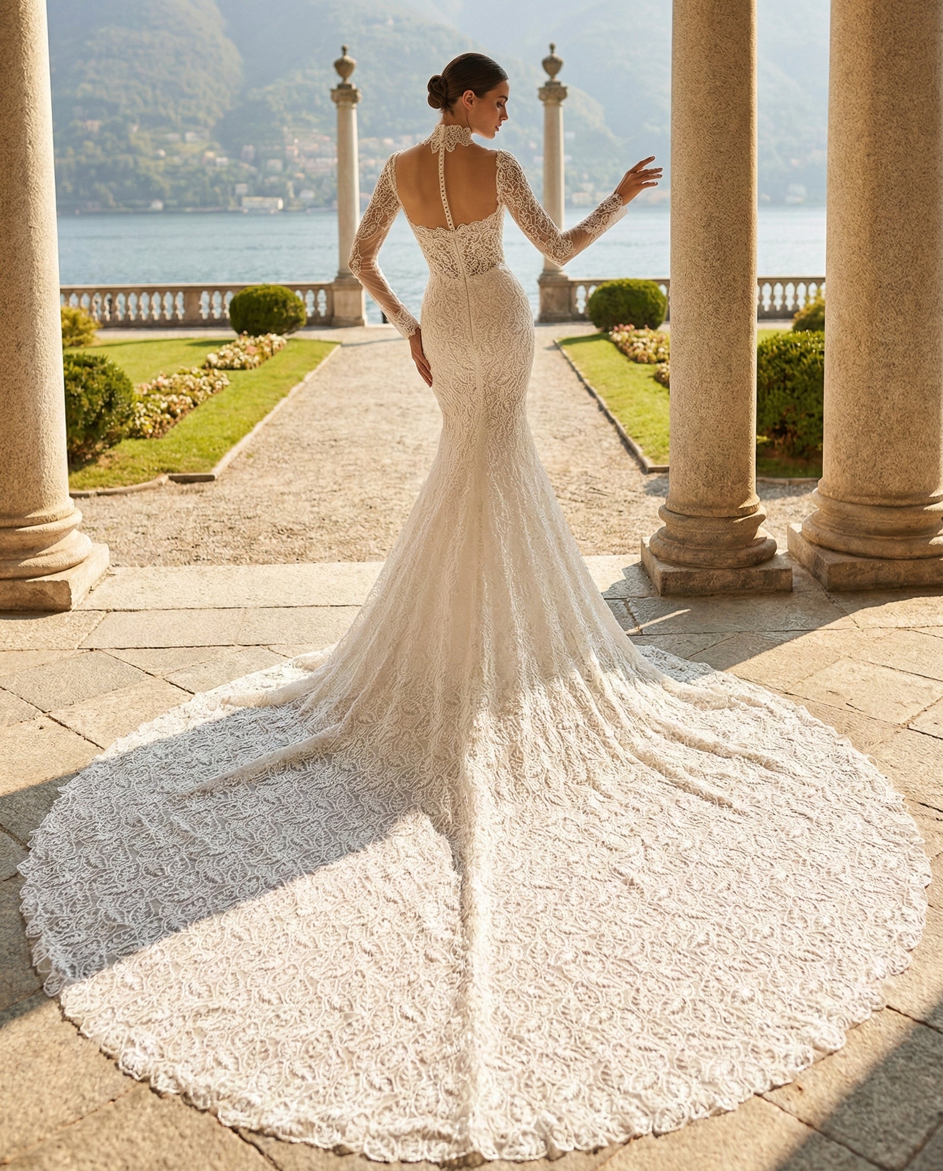 Abito da Sposa a Sirena in Pizzo Botanico con Maniche Lunghe e Strascico Cattedrale – Luigi Bruno- Modello LBS 401