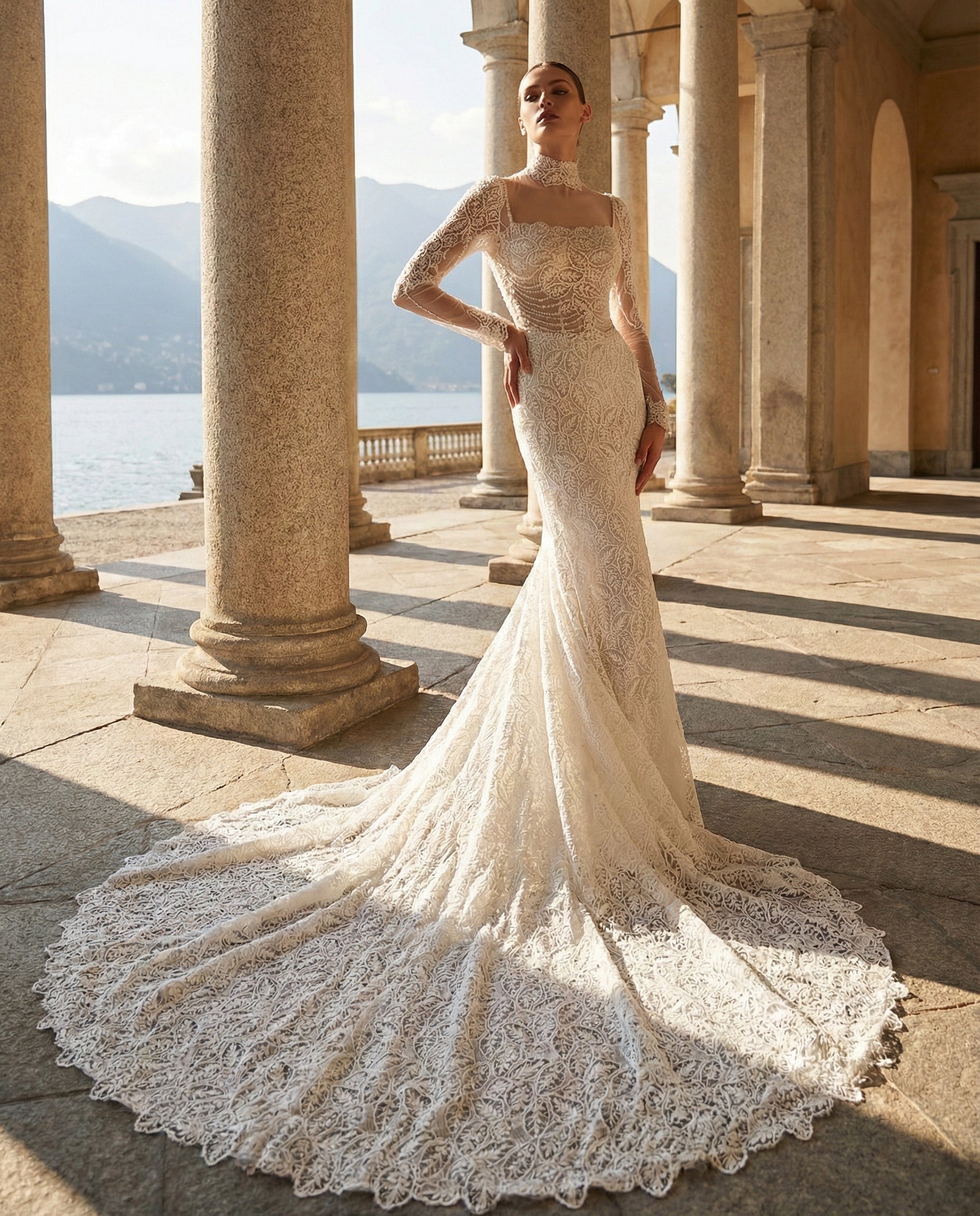 Abito da Sposa a Sirena in Pizzo Botanico con Maniche Lunghe e Strascico Cattedrale – Luigi Bruno- Modello LBS 401