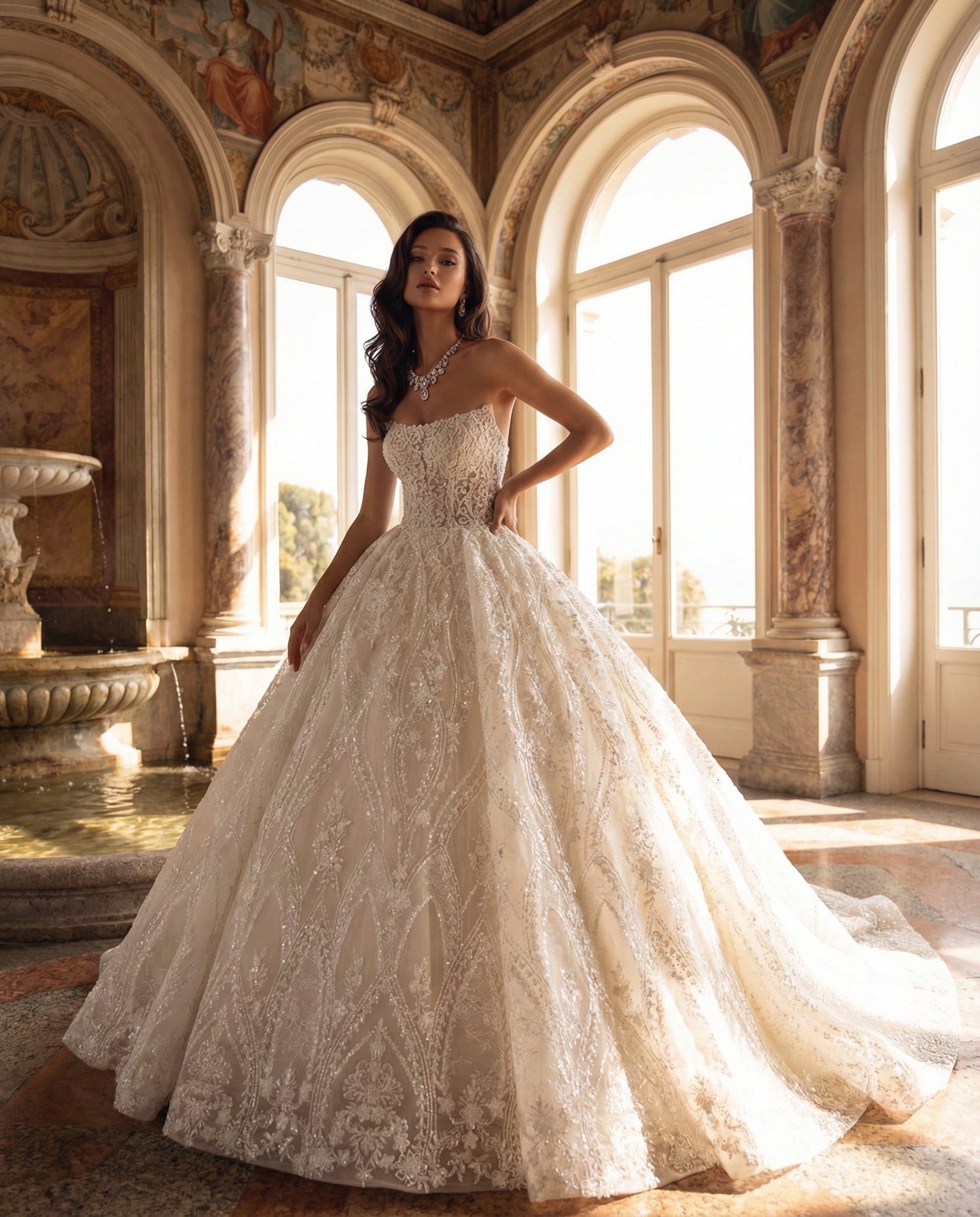 Abito da Sposa Principesco in Pizzo Ricamato e Cristalli | LuigiBruno - Modello LBS 402-1