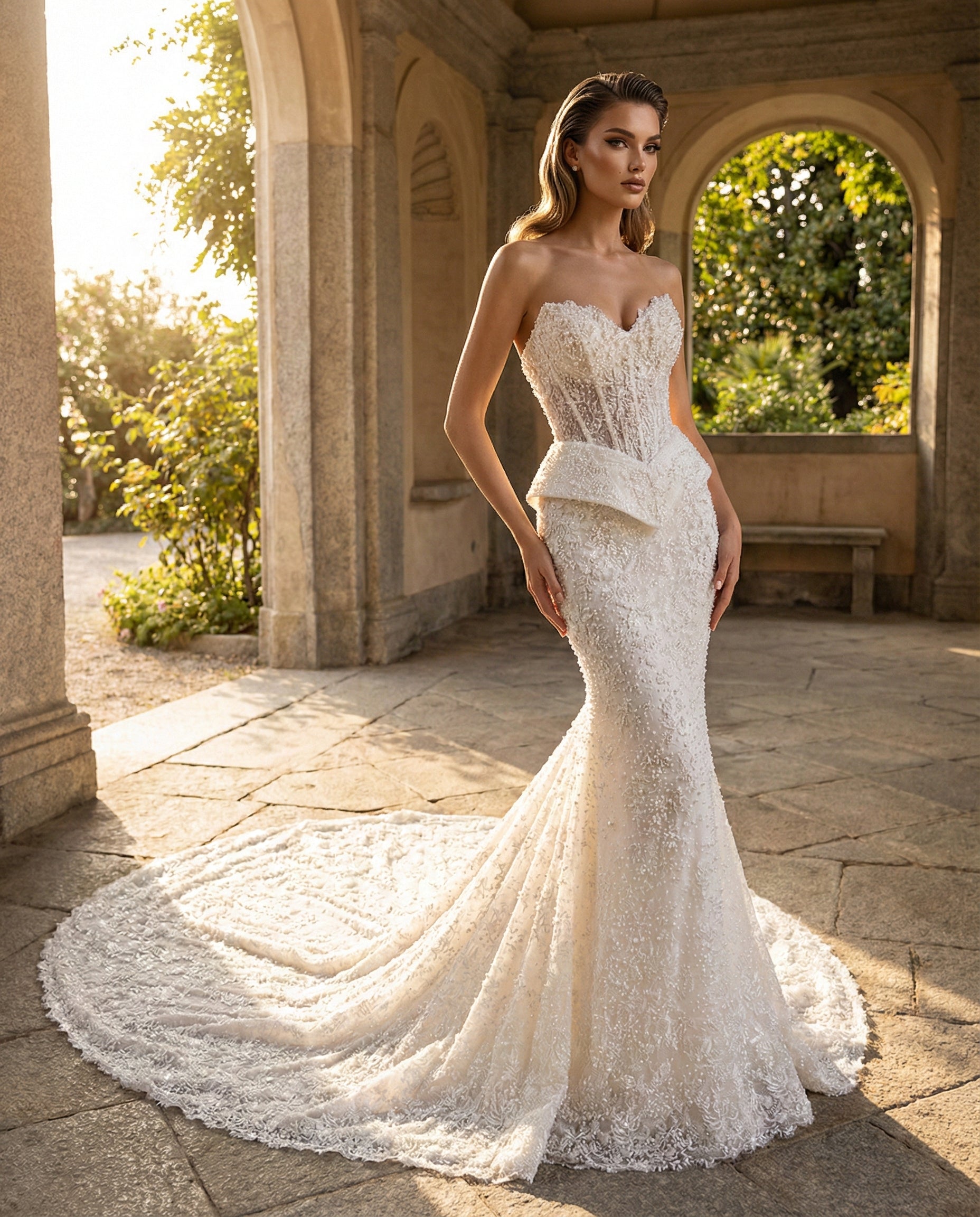 Abito da Sposa Gioiello con Corpetto Bustier e Mantella Regale Ricamata-Luigi Bruno-Modello LBS404