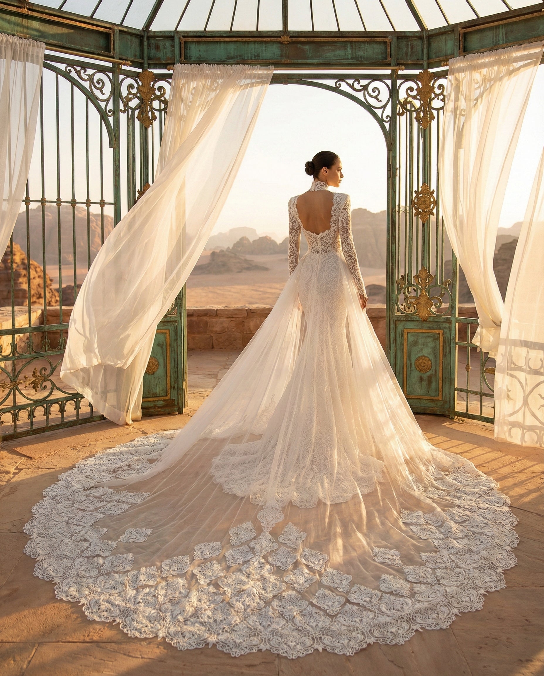 Abito da Sposa a Sirena in Pizzo macramè con Collo Alto e Sopragonna con Strascico Cattedrale - Luigi Bruno - Modello LBS406