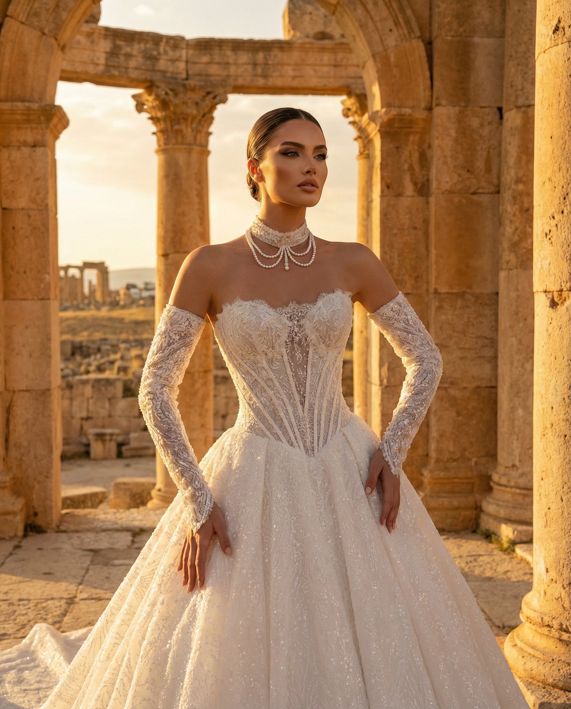 Abito da Sposa Stile Principessa in Pizzo Ricamato con Maniche Lunghe e Collo Alto - Luigi Bruno - Modello LBS408