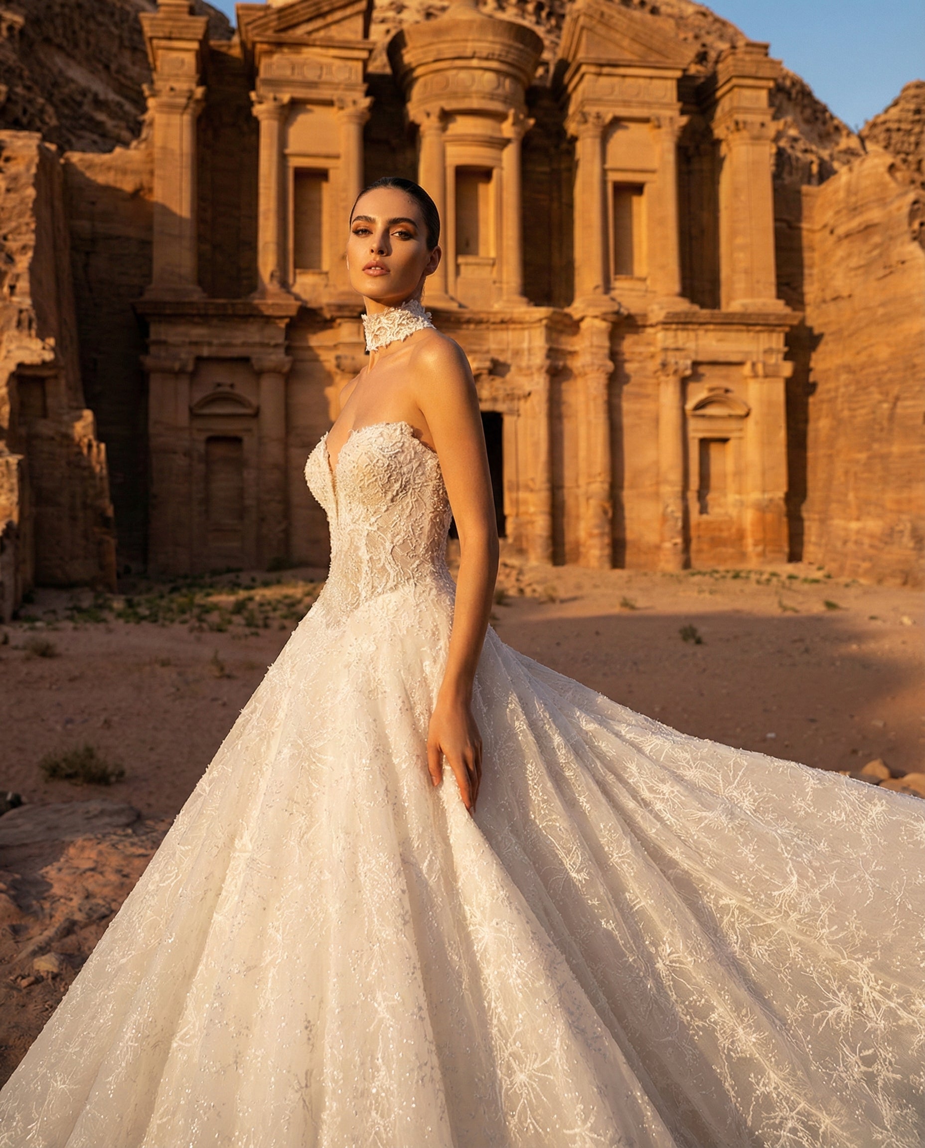 Abito da Sposa di Lusso Trasformabile in Pizzo con Mantellina di Perle e Maxi Strascico Cattedrale