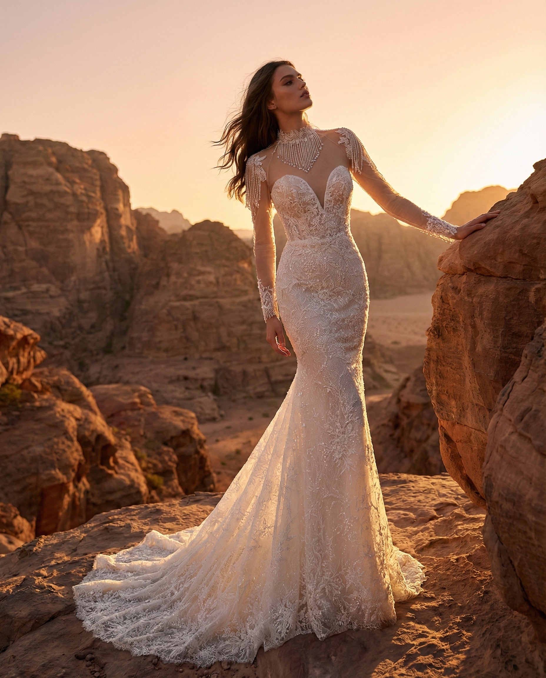 Abito da Sposa a Sirena in Pizzo con Collo Gioiello | LUIGI BRUNO - LBS411