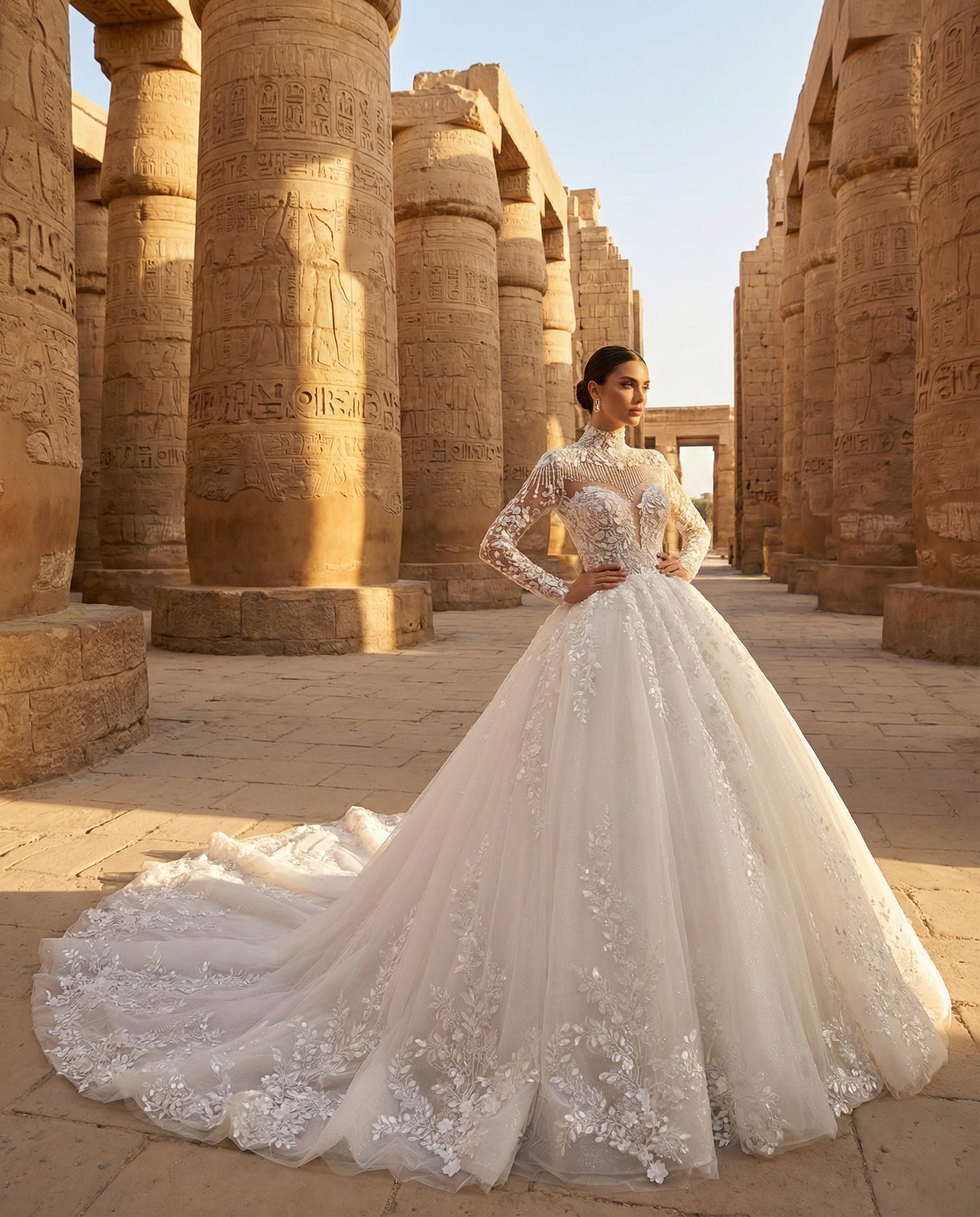 Abito da Sposa Principesco in Pizzo con Maniche Lunghe e Collo Alto Gioiello | LUIGI RBUNO - Modello LBS413