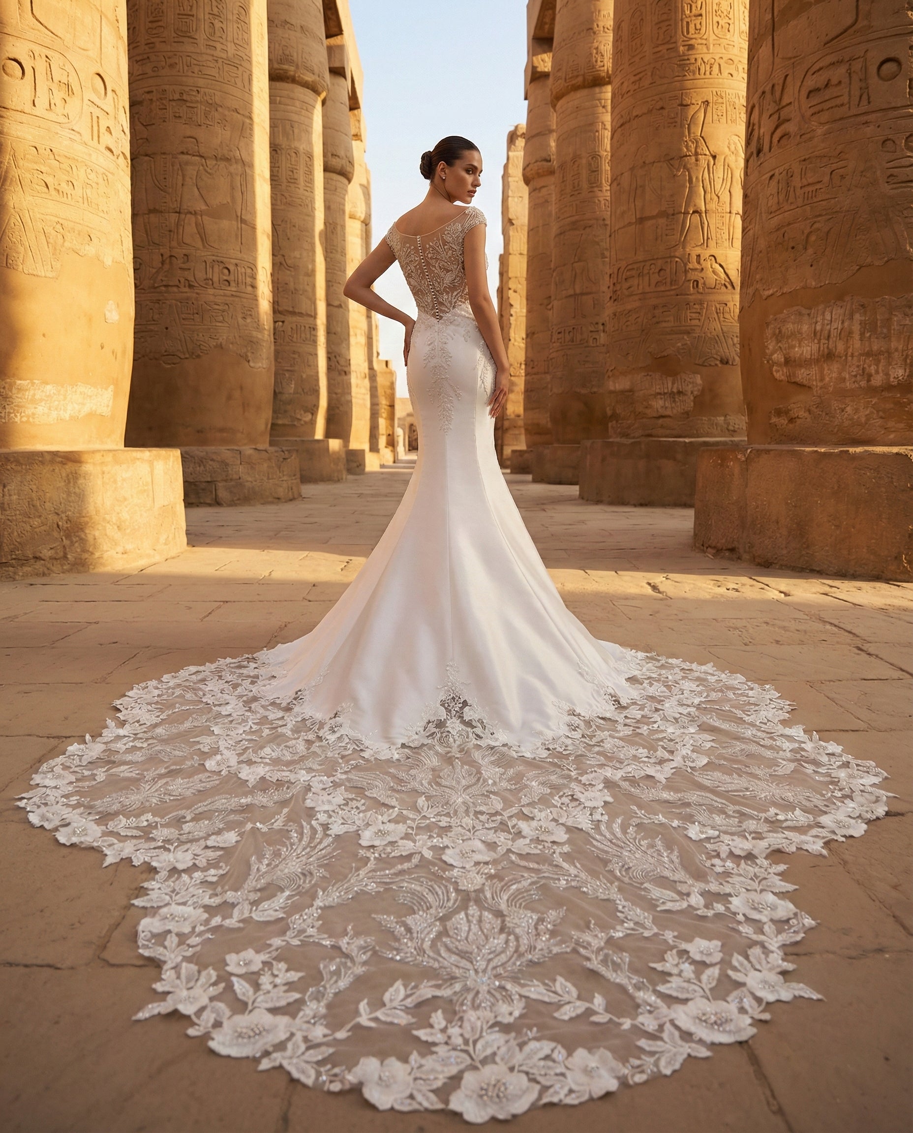 Abito da Sposa a Sirena in mikado con Corpetto Gioiello Effetto Tattoo e Strascico Floreale - LUIGI BRUNO - MODELLO LBS421