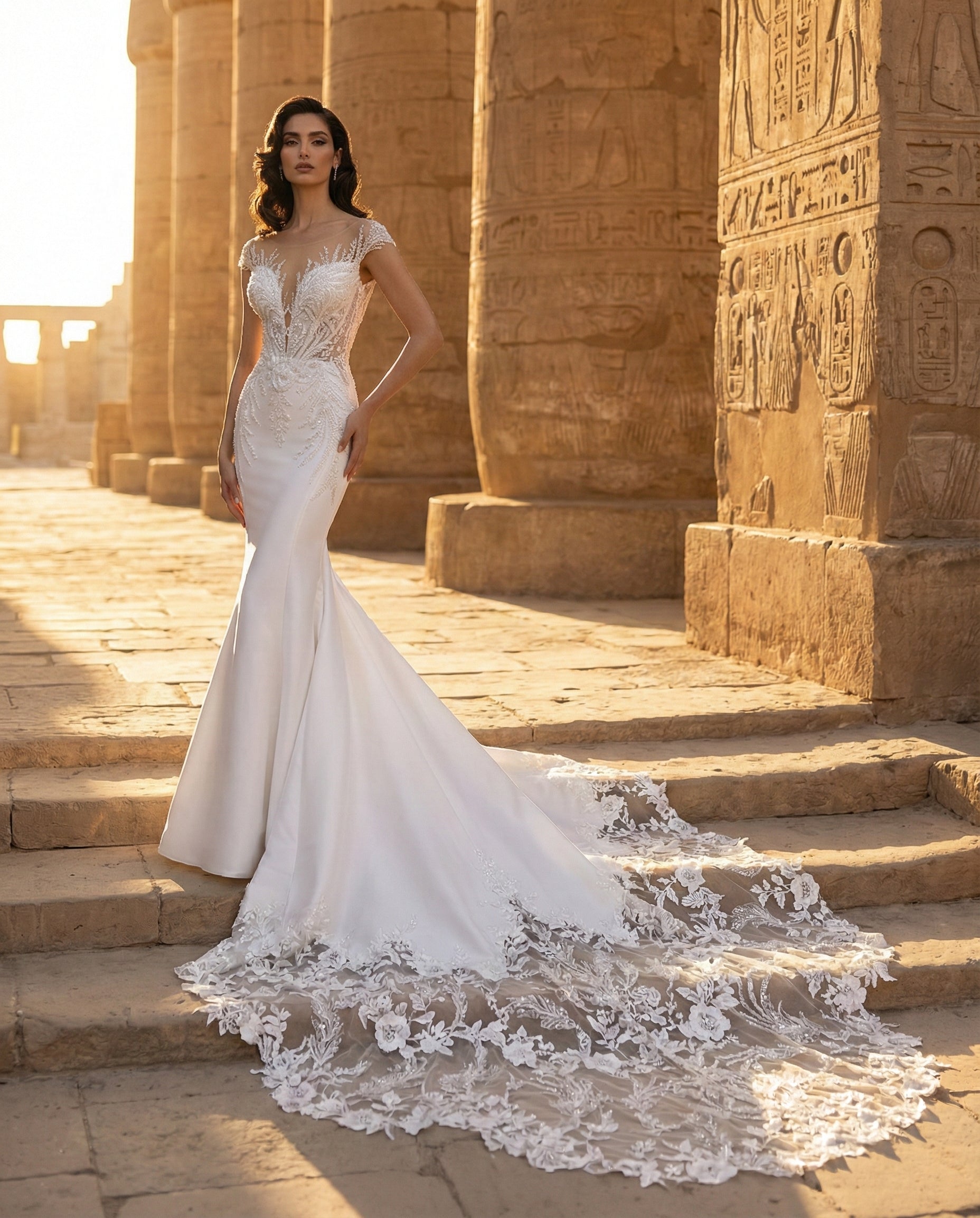 Abito da Sposa a Sirena in mikado con Corpetto Gioiello Effetto Tattoo e Strascico Floreale - LUIGI BRUNO - MODELLO LBS421