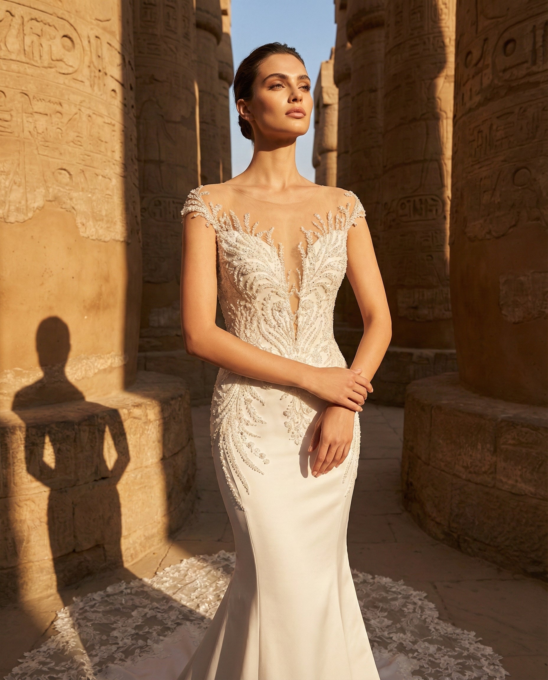 Abito da Sposa a Sirena in mikado con Corpetto Gioiello Effetto Tattoo e Strascico Floreale - LUIGI BRUNO - MODELLO LBS421