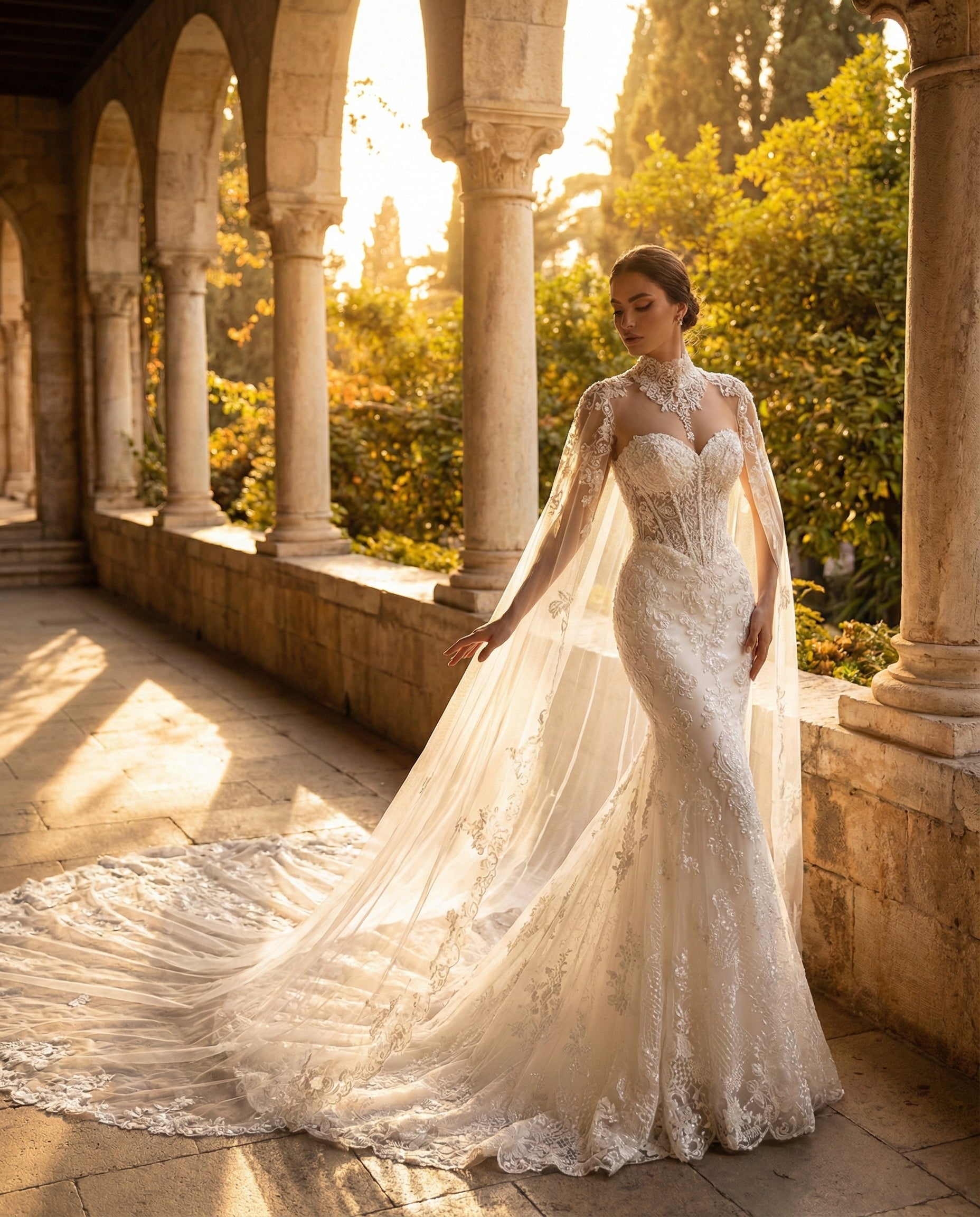 Abito da Sposa a Sirena con Corsetto Scultura e Mantella in Pizzo - LUIGI BRUNO - MODELLO LBS423