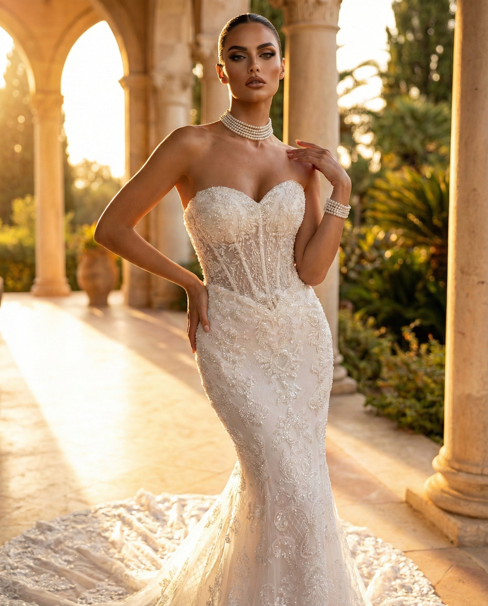 Abito da Sposa a Sirena con Corsetto Scultura e Mantella in Pizzo - LUIGI BRUNO - MODELLO LBS423