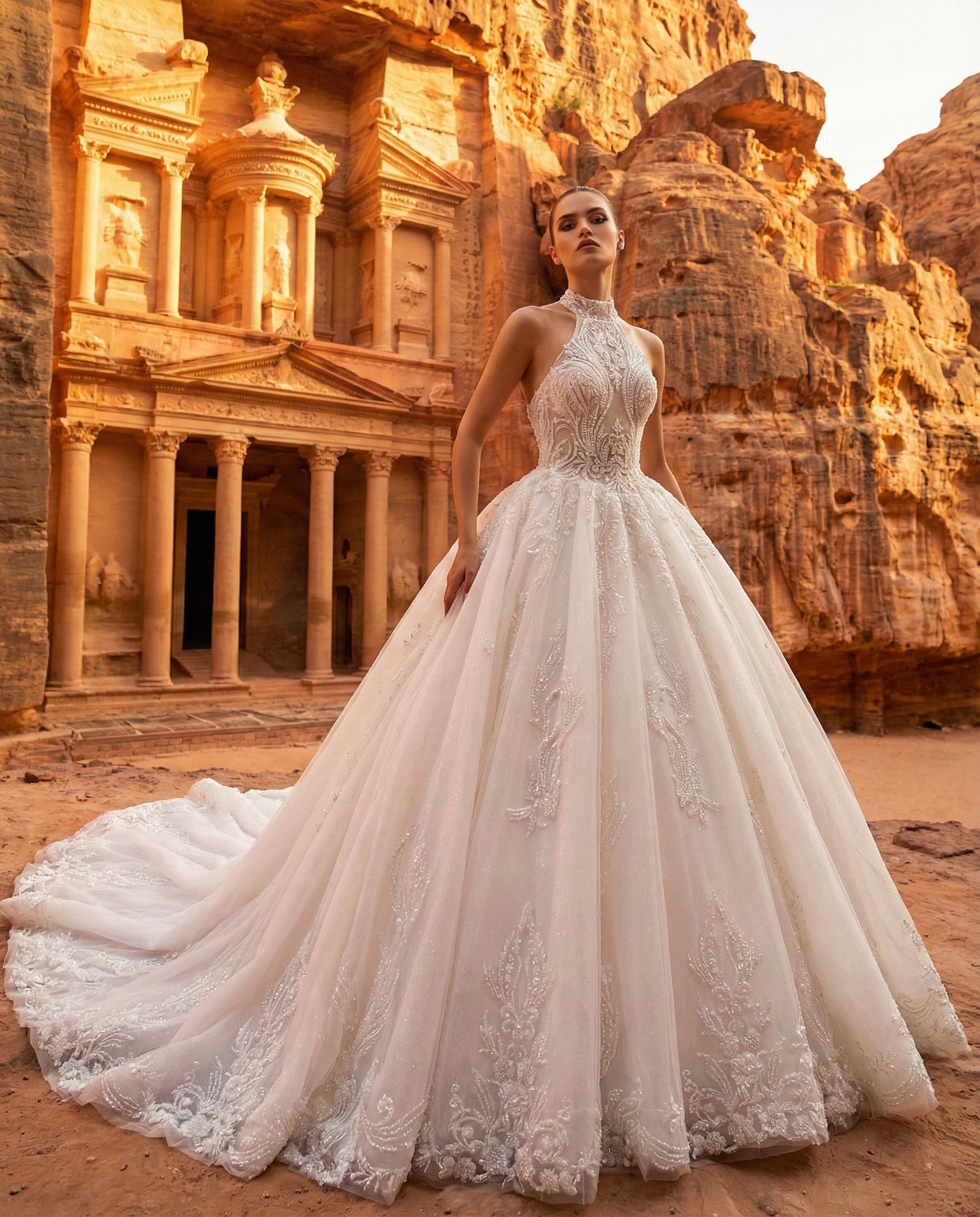 Abito da Sposa Principesco con Ricami Preziosi e Collo Alto Modello LBS 425