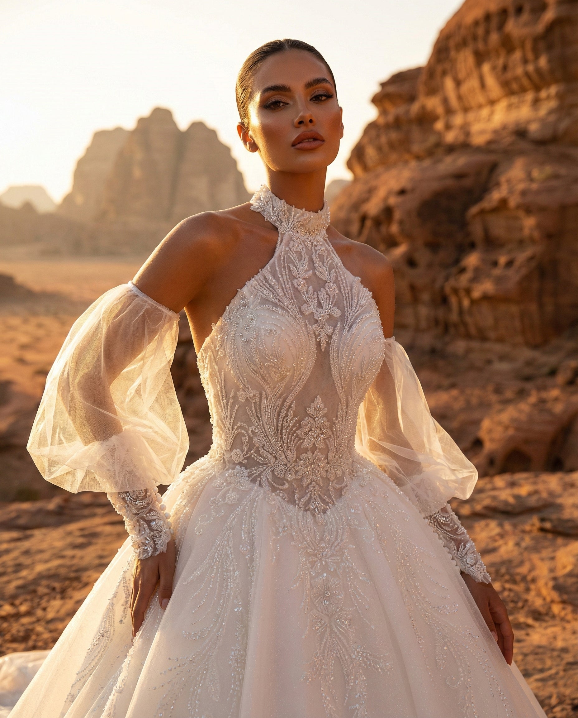 Abito da Sposa Principesco con Ricami Preziosi e Collo Alto Modello LBS 425