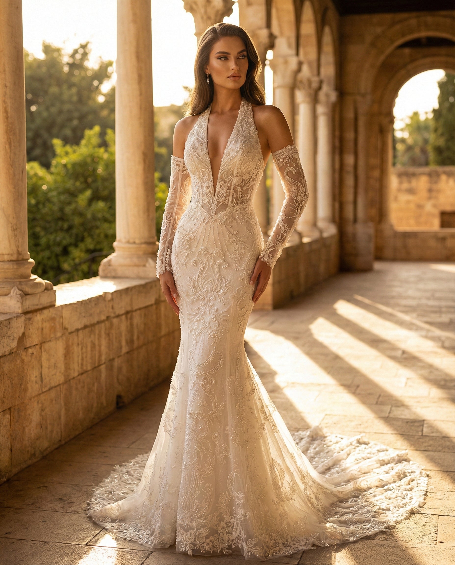 Abito da Sposa a Sirena in Pizzo Ricamato con Scollo a V Profondo e Maniche Effetto Illusione - LUIGI BRUNO - MODELLO LBS427