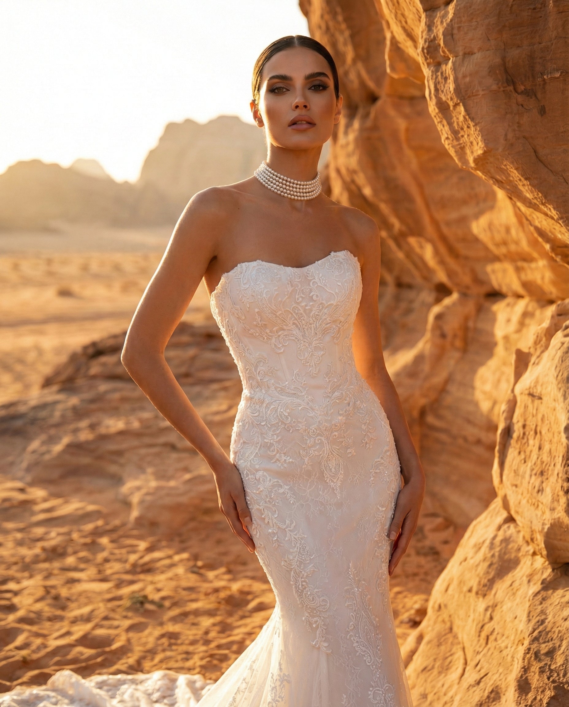 Abito da Sposa a Sirena in Pizzo con Mantella Cattedrale e Collo Alto | LUIGI BRUNO - MODELLO LBS436