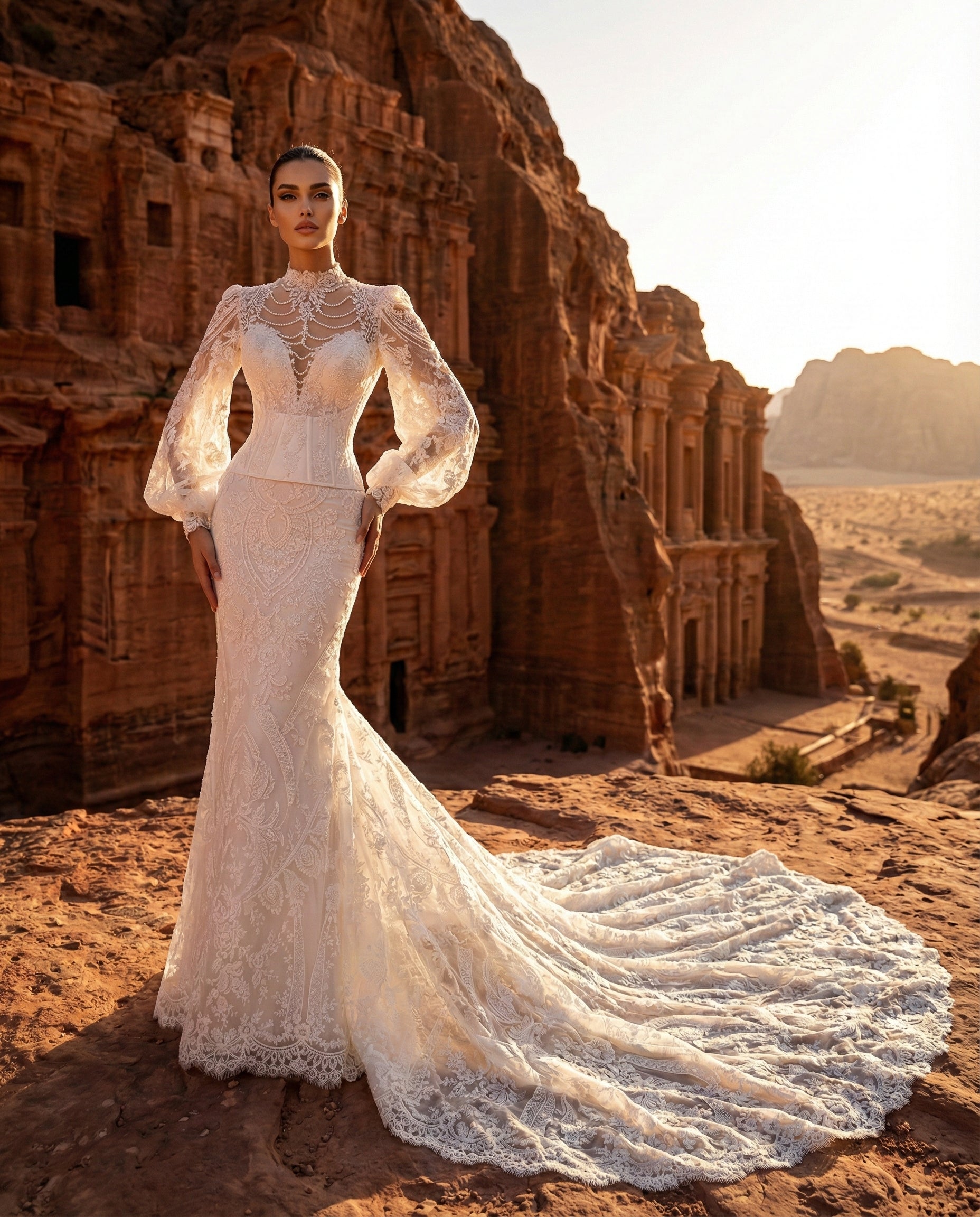 Abito da Sposa a Sirena in Pizzo Couture con Maniche a Palloncino e Strascico Cattedrale | LUIGI BRUNO - Modello LBS 438