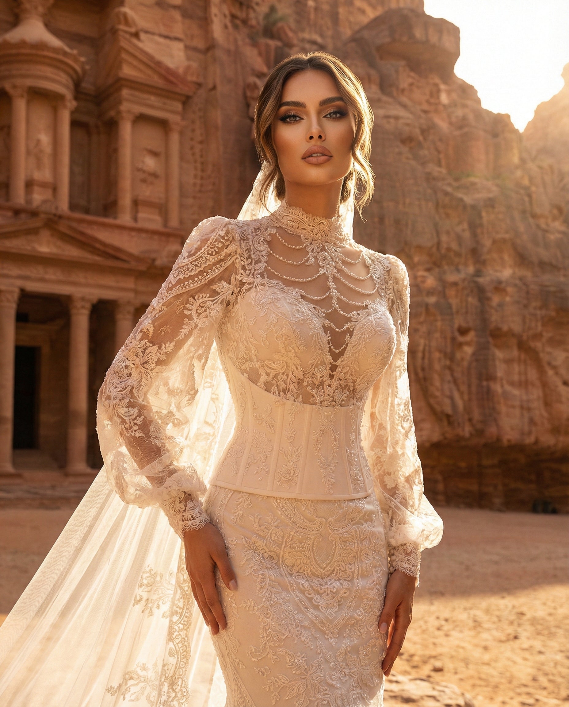 Abito da Sposa a Sirena in Pizzo Couture con Maniche a Palloncino e Strascico Cattedrale | LUIGI BRUNO - Modello LBS 438