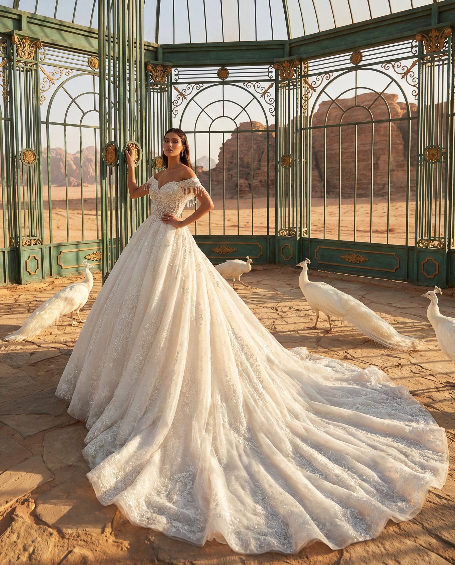Abito da Sposa Modello Principessa in Tulle e Pizzo con Scollo Omerale e Frange Gioiello | LUIGI BRUNO - Modello LBS439