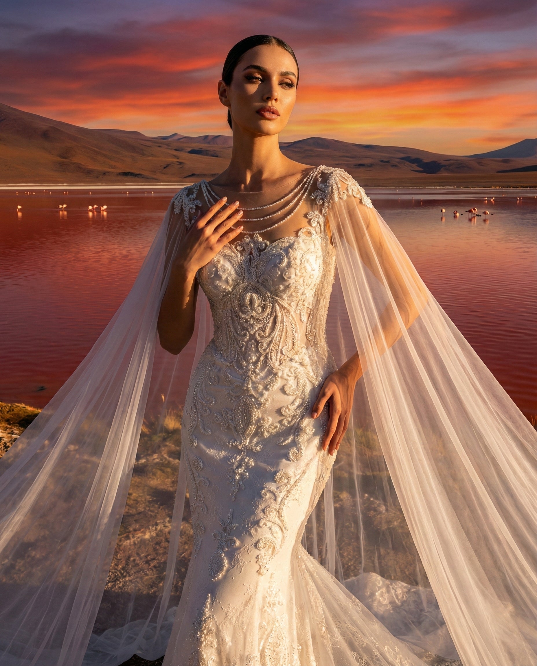 Abito da Sposa a Sirena in Pizzo con Mantella in Tulle e Perle | Luigi Bruno - MODELLO LBS441