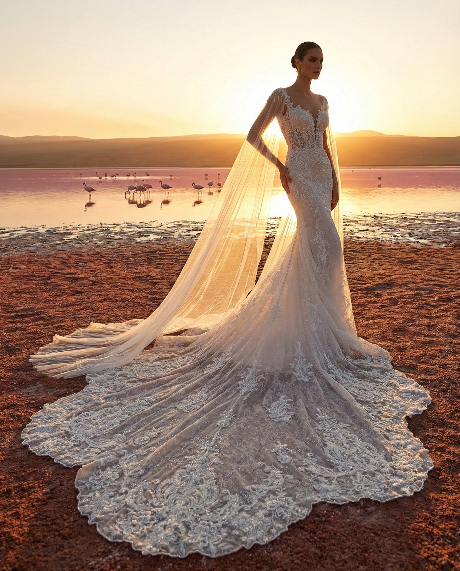 Abito da Sposa a Sirena in Pizzo con Mantella in Tulle e Perle | Luigi Bruno - MODELLO LBS441
