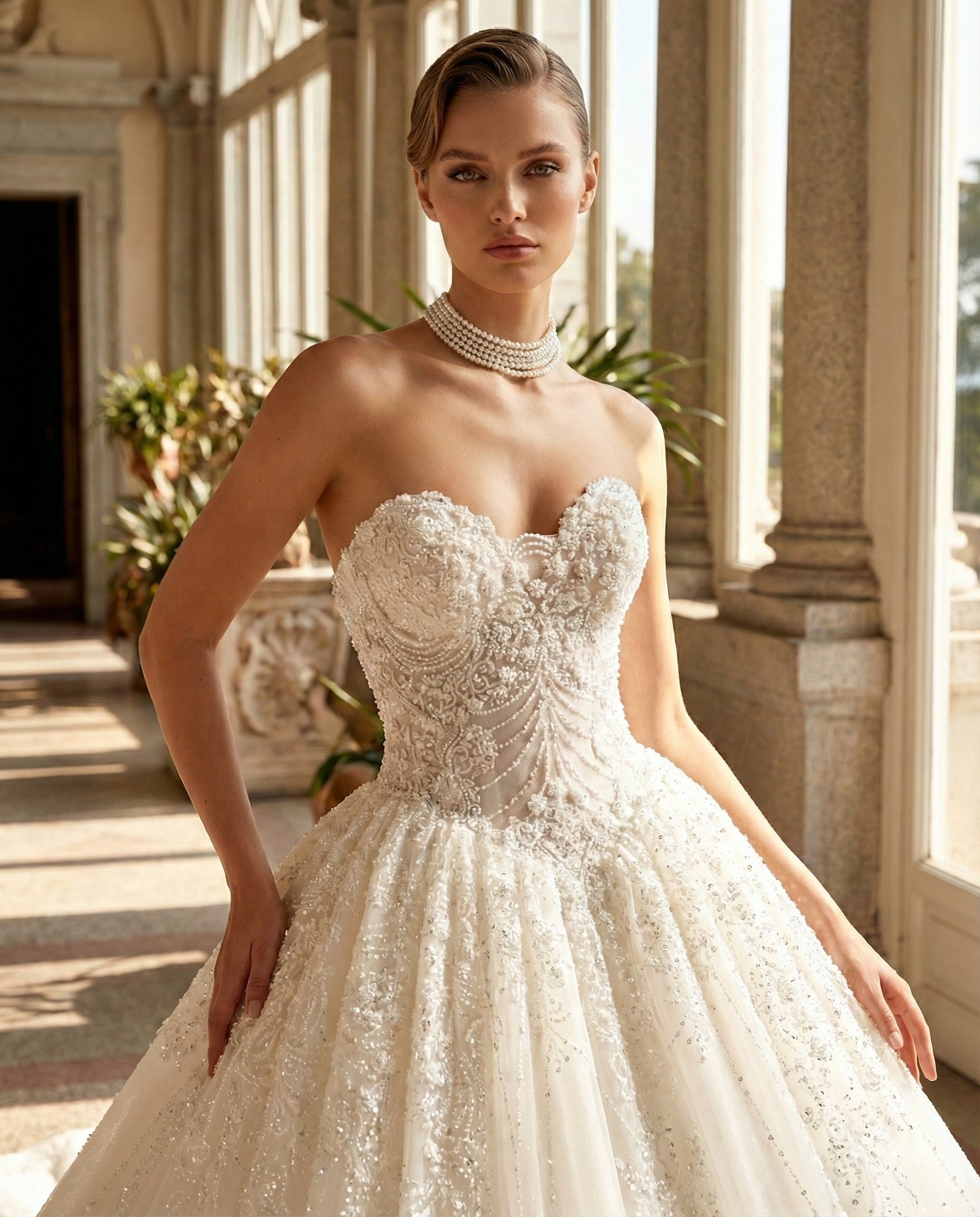 Abito da Sposa Principessa con Scollo a Cuore e Ricami in Cristallo-Luigi Bruno - LBS 397