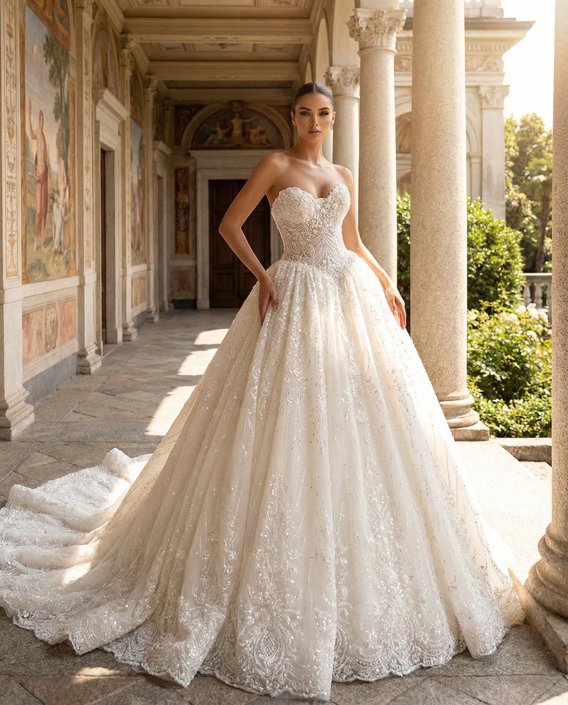 Abito da Sposa Principessa con Scollo a Cuore e Ricami in Cristallo-Luigi Bruno - LBS 397