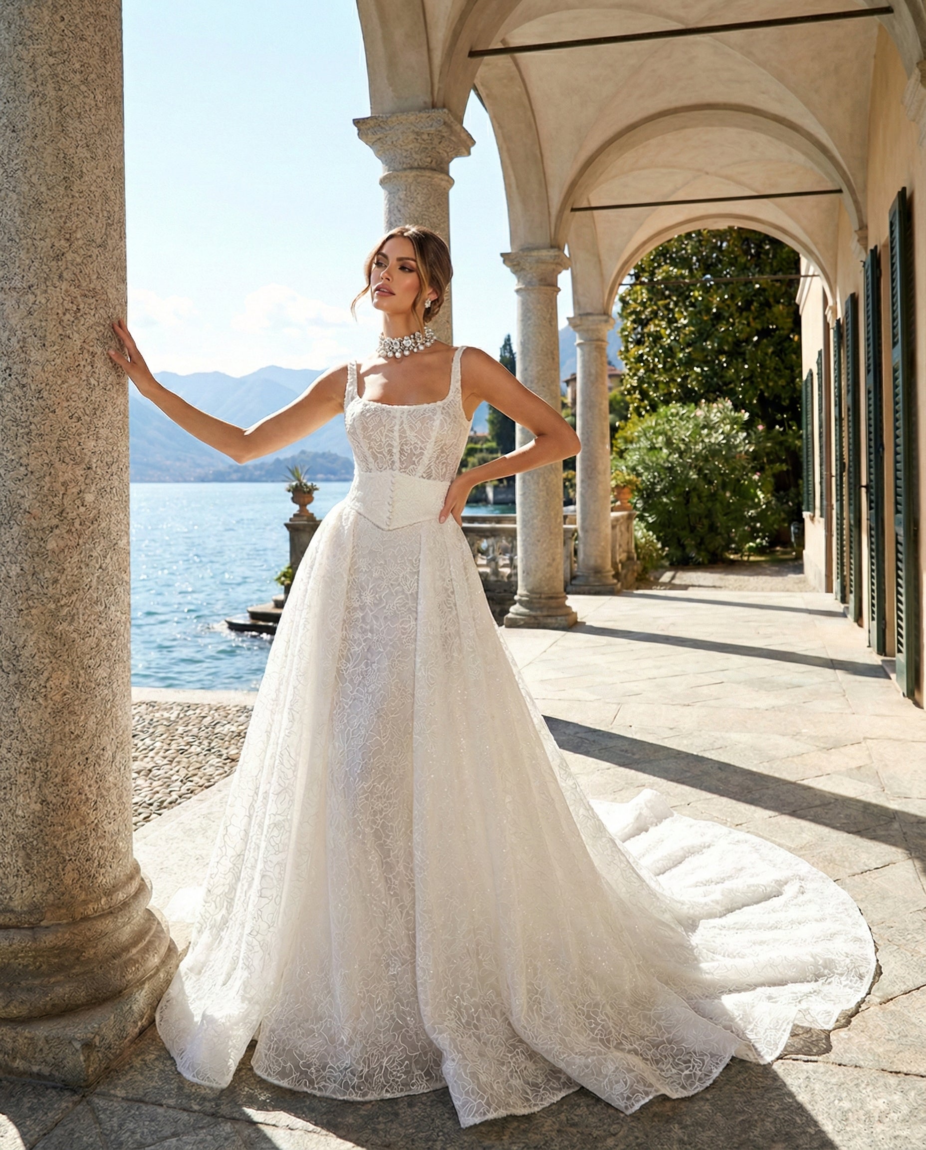Abito da Sposa Romantico in Pizzo Floreale con Scollo Quadrato e Corpetto a Bustier E Sopragonna Staccabile - MARA RAMIREZ - MODELLO SPR293