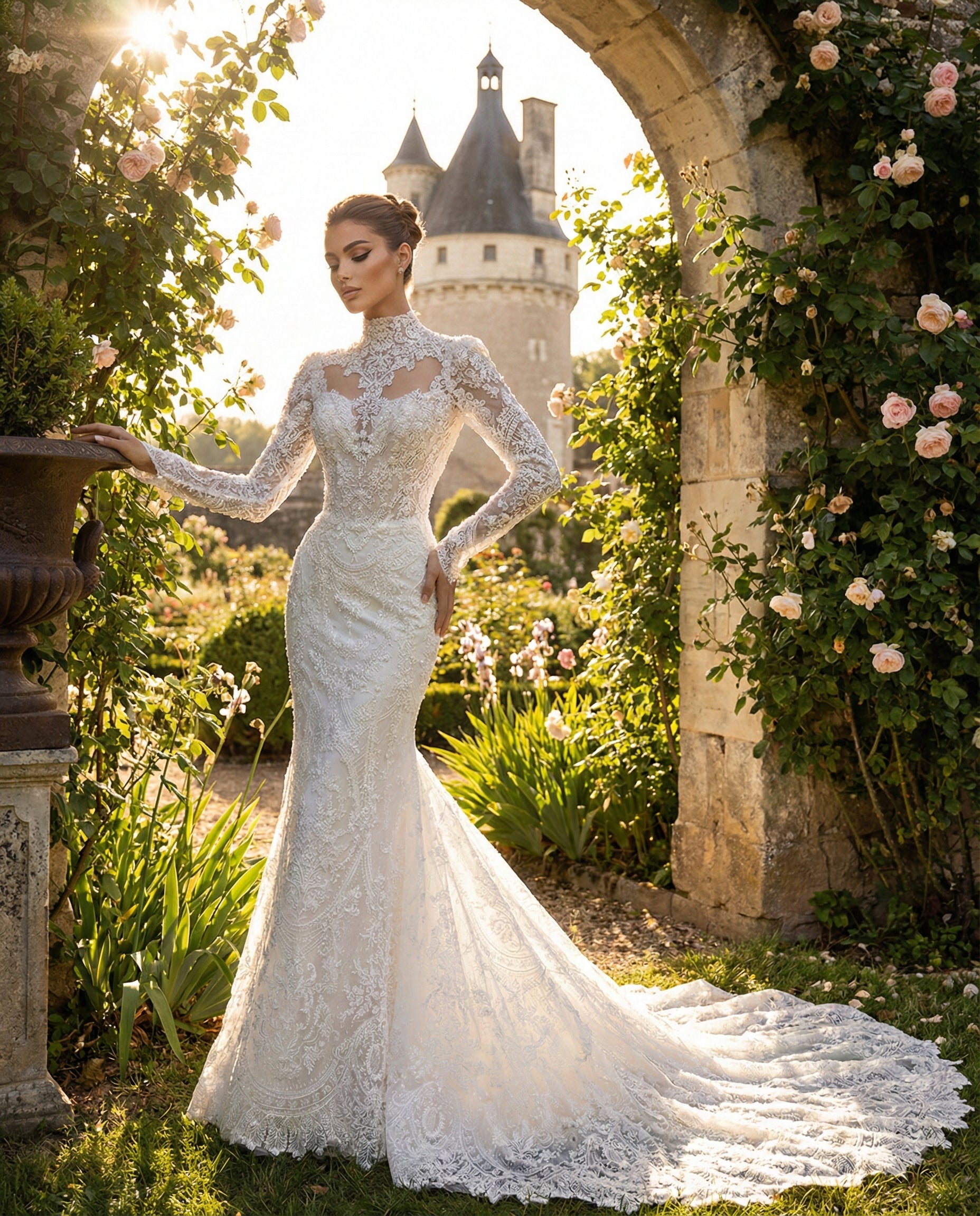 Abito da Sposa a Sirena in Pizzo con Collo Alto e Sovragonna Maestosa | MARA RAMIREZ - Modello SPR 295