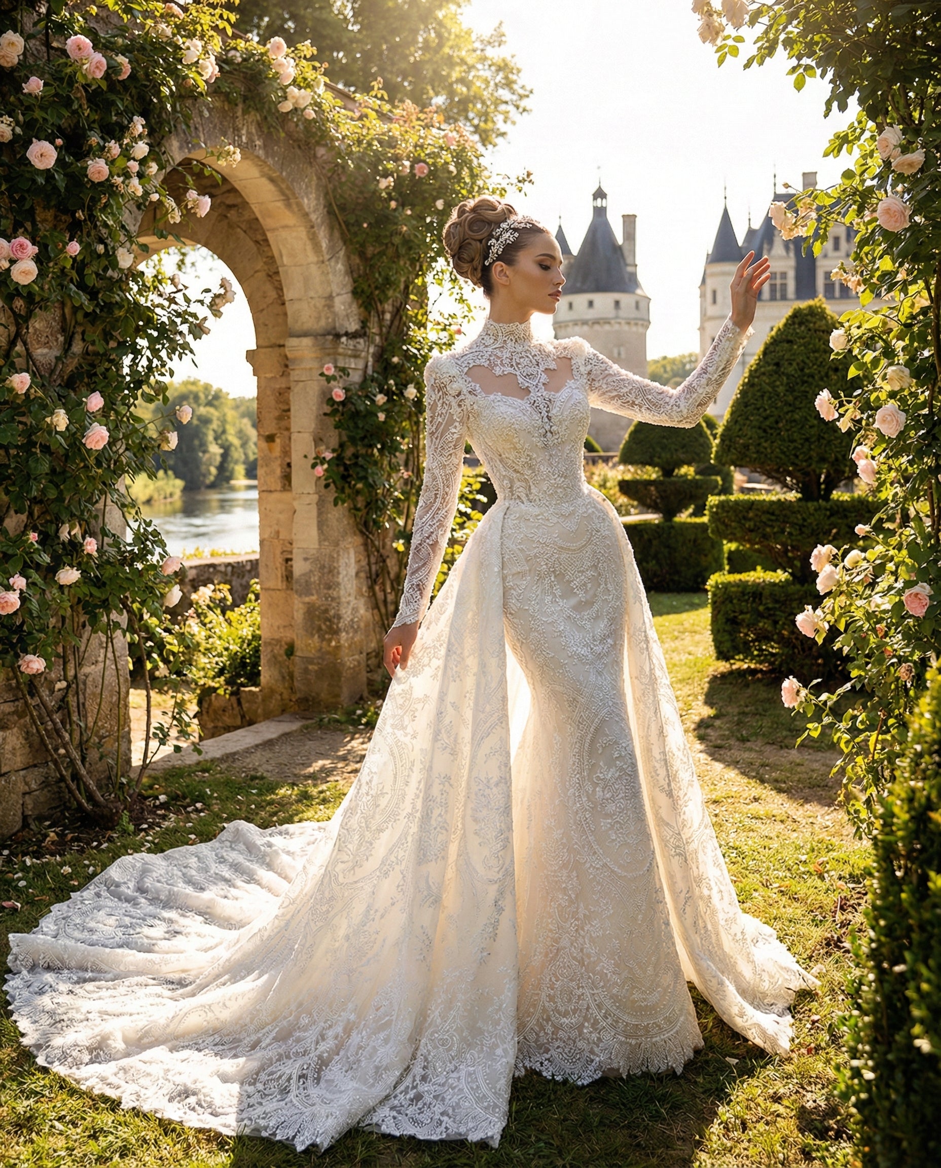 Abito da Sposa a Sirena in Pizzo con Collo Alto e Sovragonna Maestosa | MARA RAMIREZ - Modello SPR 295