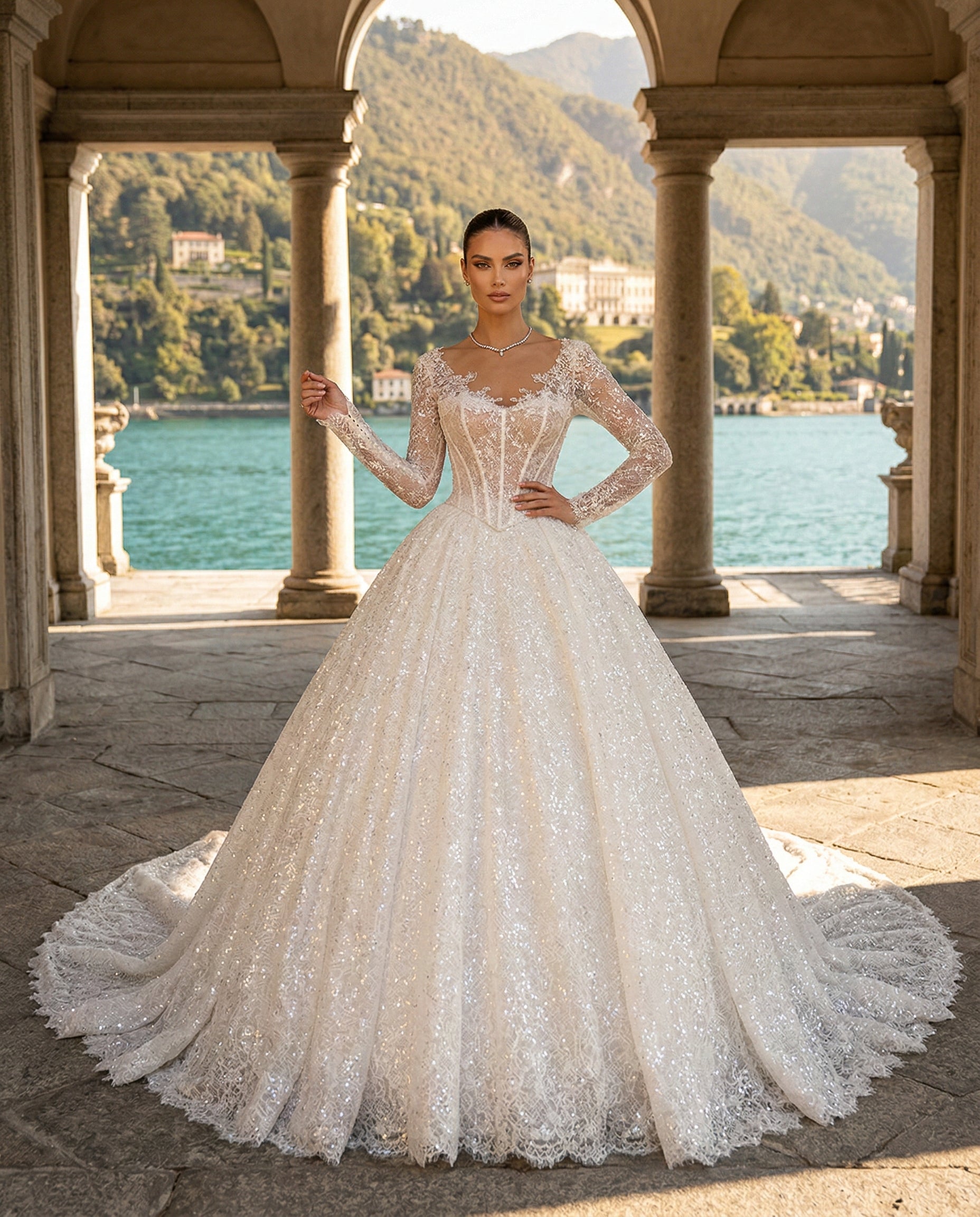 Abito da Sposa Modello Principessa in Pizzo Scintillante con Maniche Lunghe e Corpetto Bustier - MARA RAMIREZ - SPR298