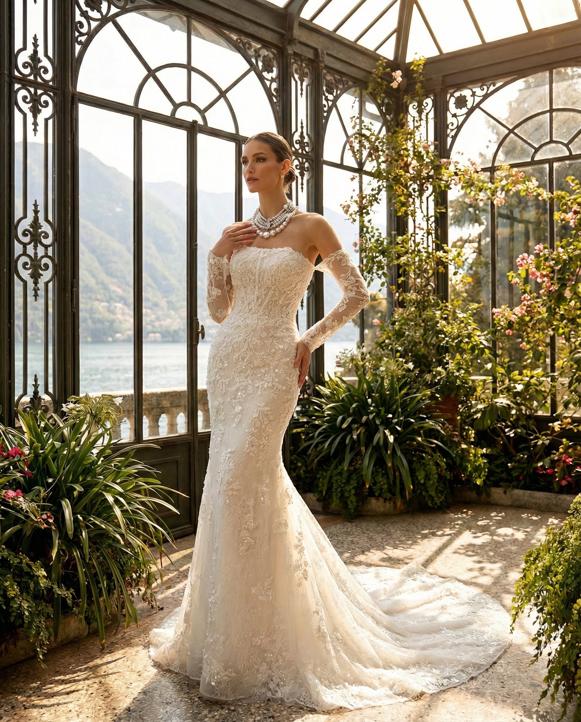 Abito da Sposa a Sirena in Pizzo Floreale con Maniche a Illusione e Spalle Scoperte - MARA RAMIREZ - MODELLO SPR318