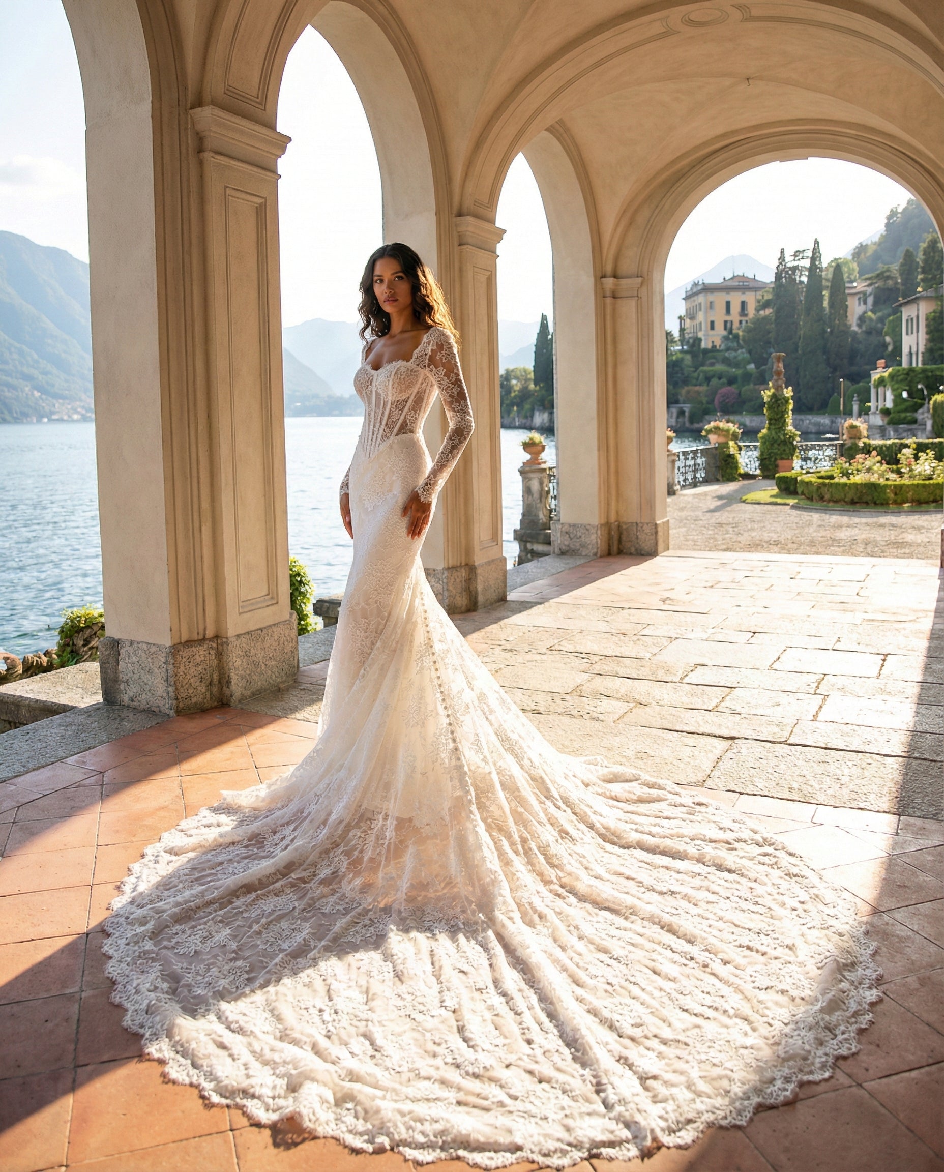 Abito da Sposa a Sirena in Pizzo con Corsetto, Maniche Lunghe e Sopragonna in Tulle Staccabile - MARA RAMIREZ - MODELLO SPR322