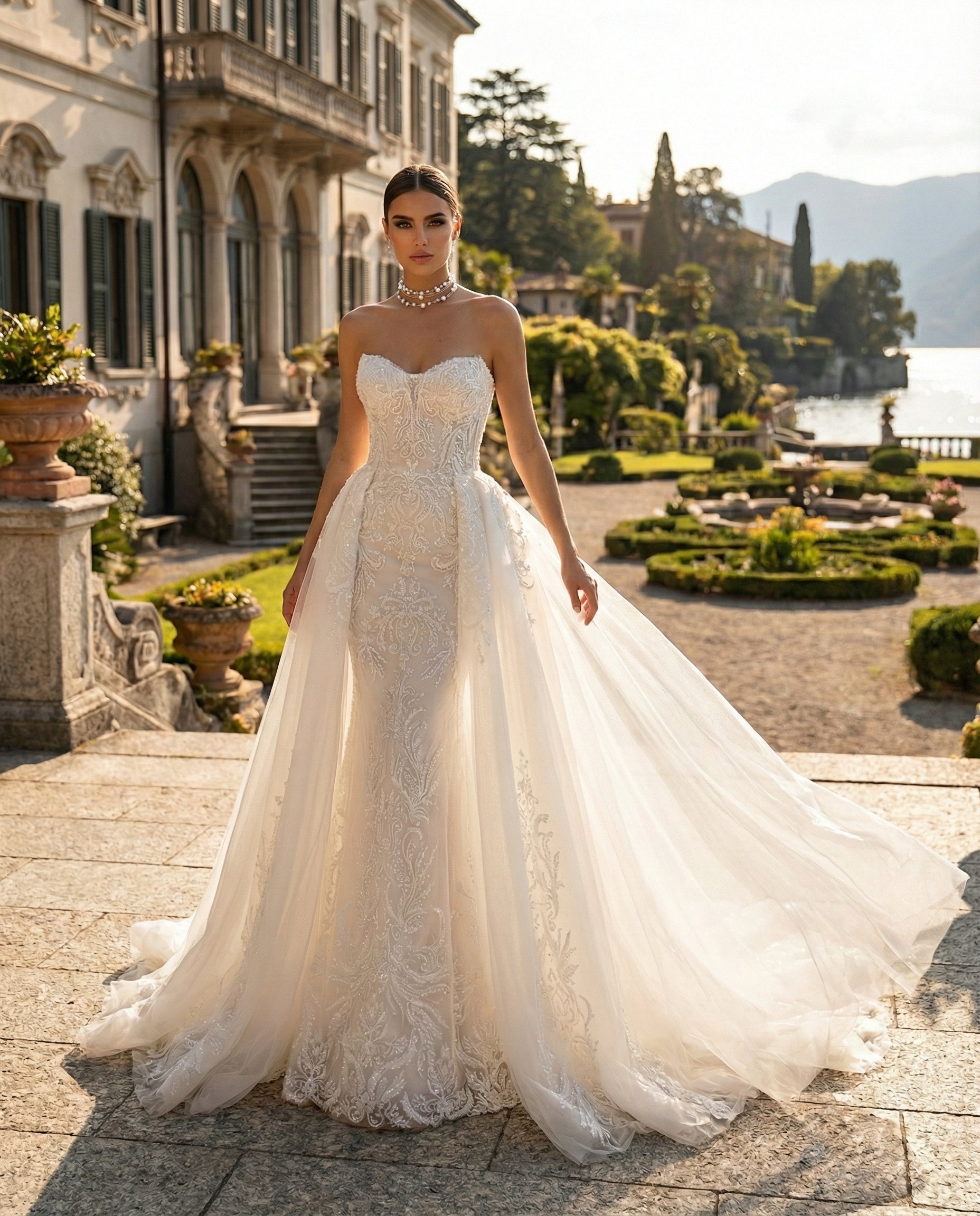 Abito da Sposa Modello LBS 400-2: Sirena in Pizzo con Sopragonna Scenografica -Luigi Bruno