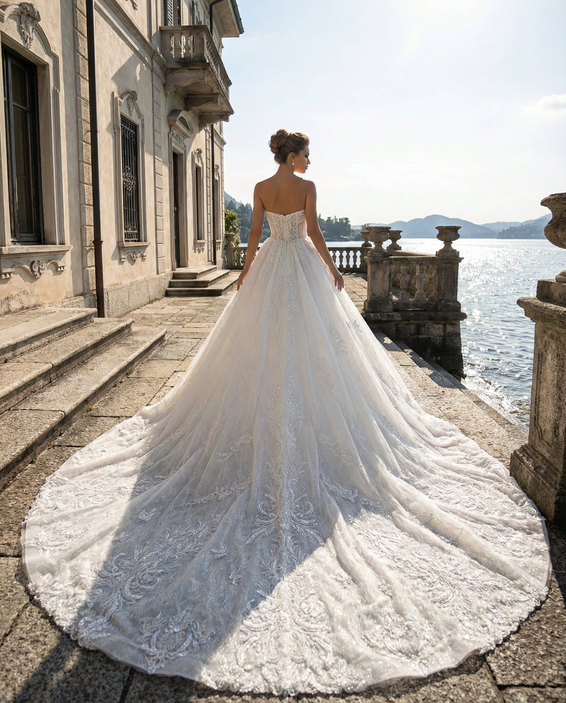 Abito da Sposa Modello LBS 400-2: Sirena in Pizzo con Sopragonna Scenografica -Luigi Bruno