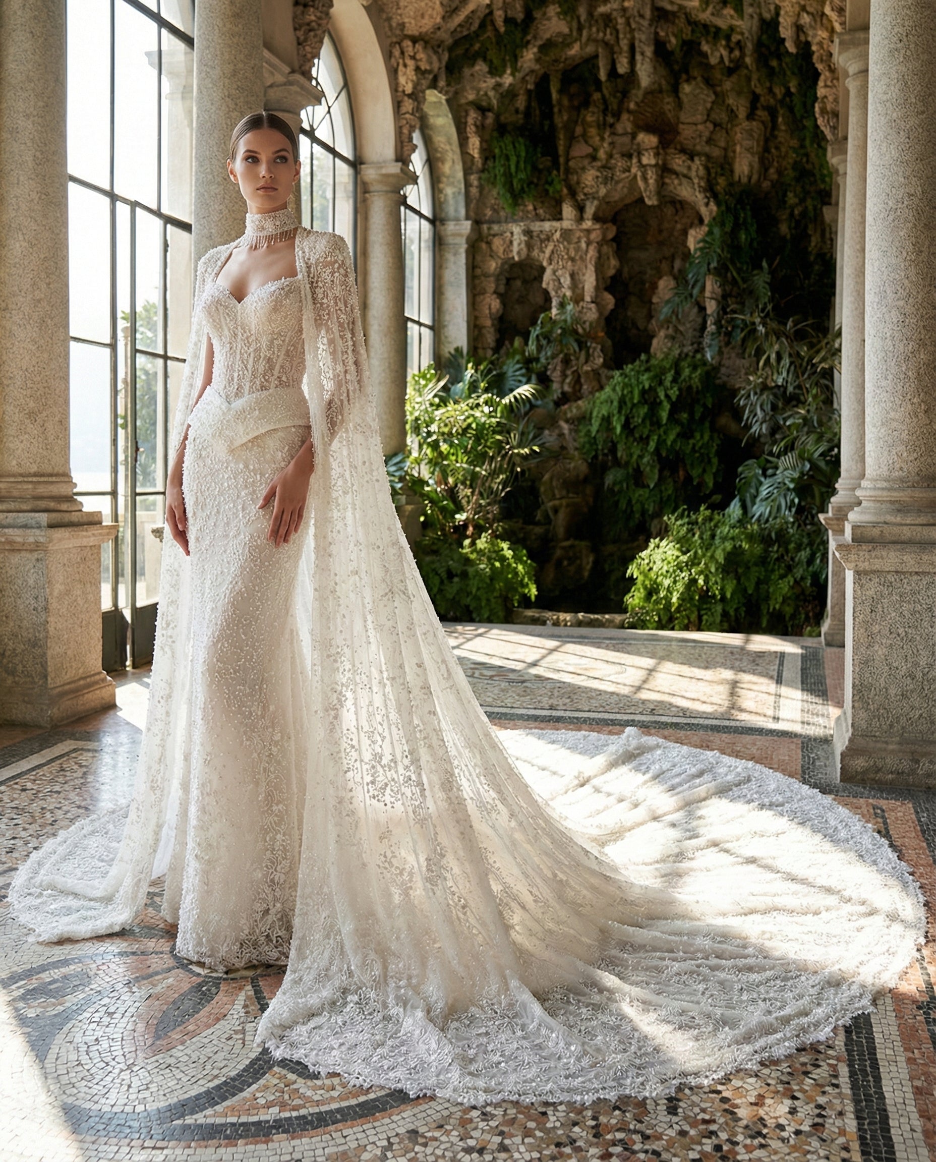 Abito da Sposa Gioiello con Corpetto Bustier e Mantella Regale Ricamata-Luigi Bruno-Modello LBS404