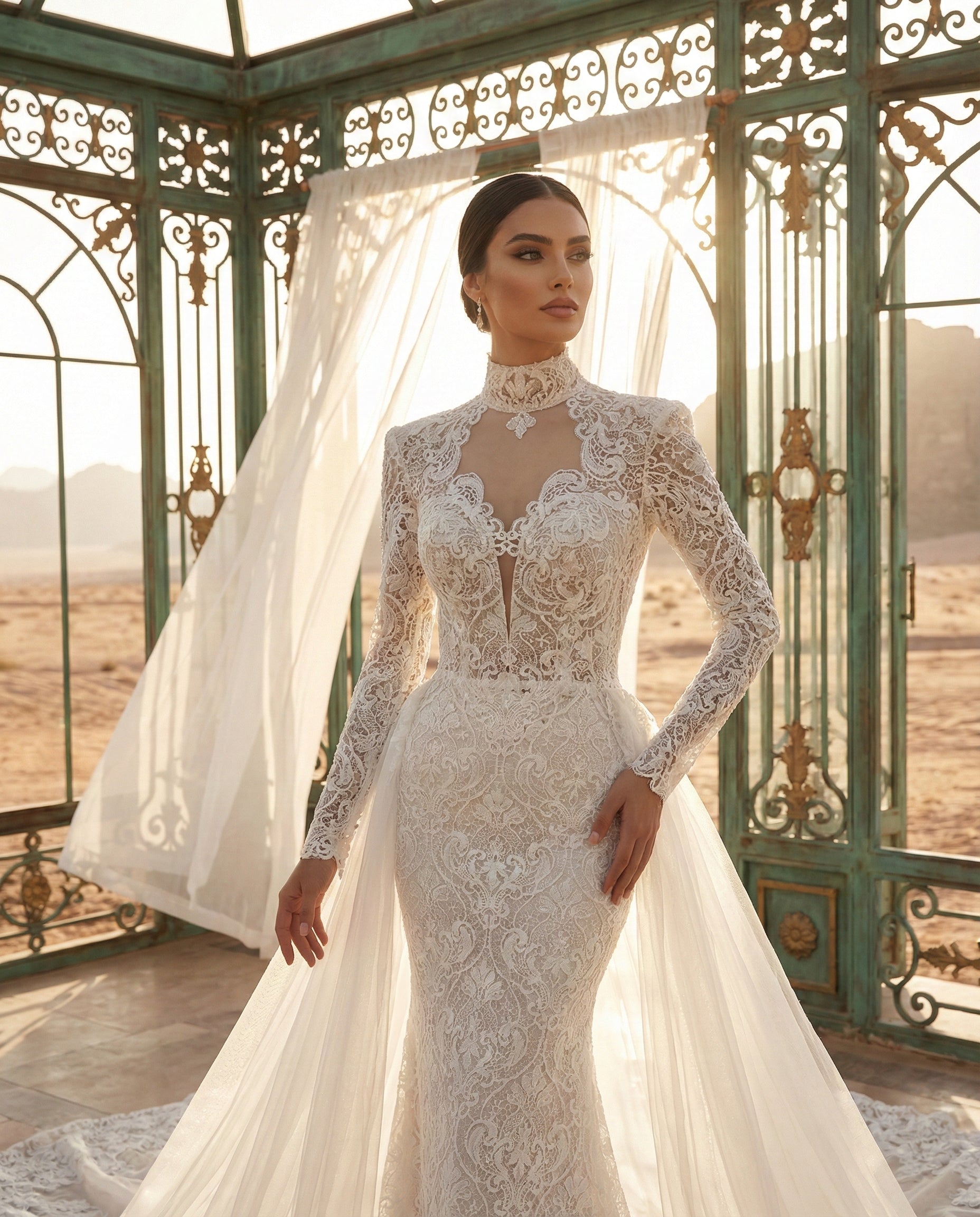 Abito da Sposa a Sirena in Pizzo macramè con Collo Alto e Sopragonna con Strascico Cattedrale - Luigi Bruno - Modello LBS406