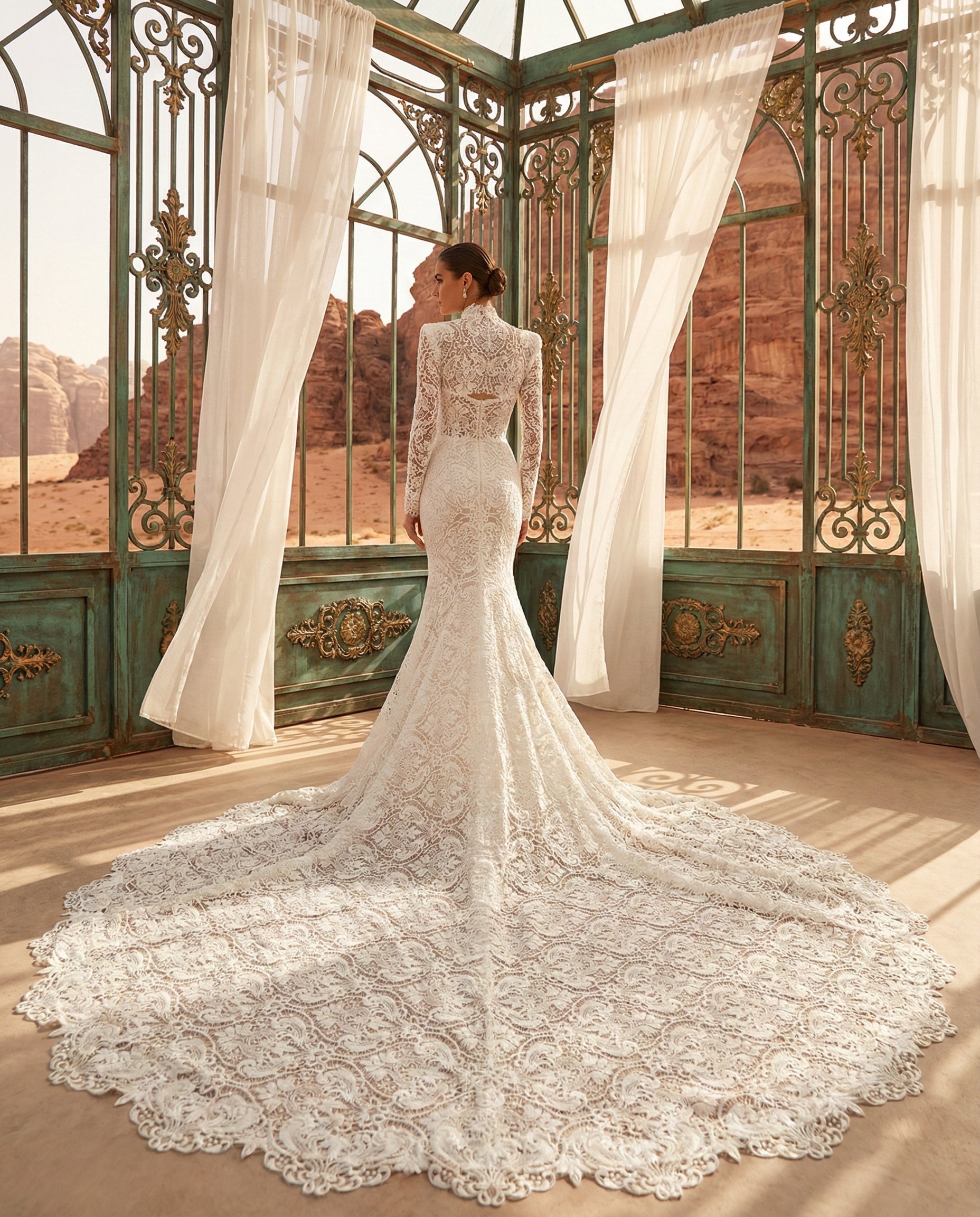 Abito da Sposa a Sirena in Pizzo macramè con Collo Alto e Sopragonna con Strascico Cattedrale - Luigi Bruno - Modello LBS406