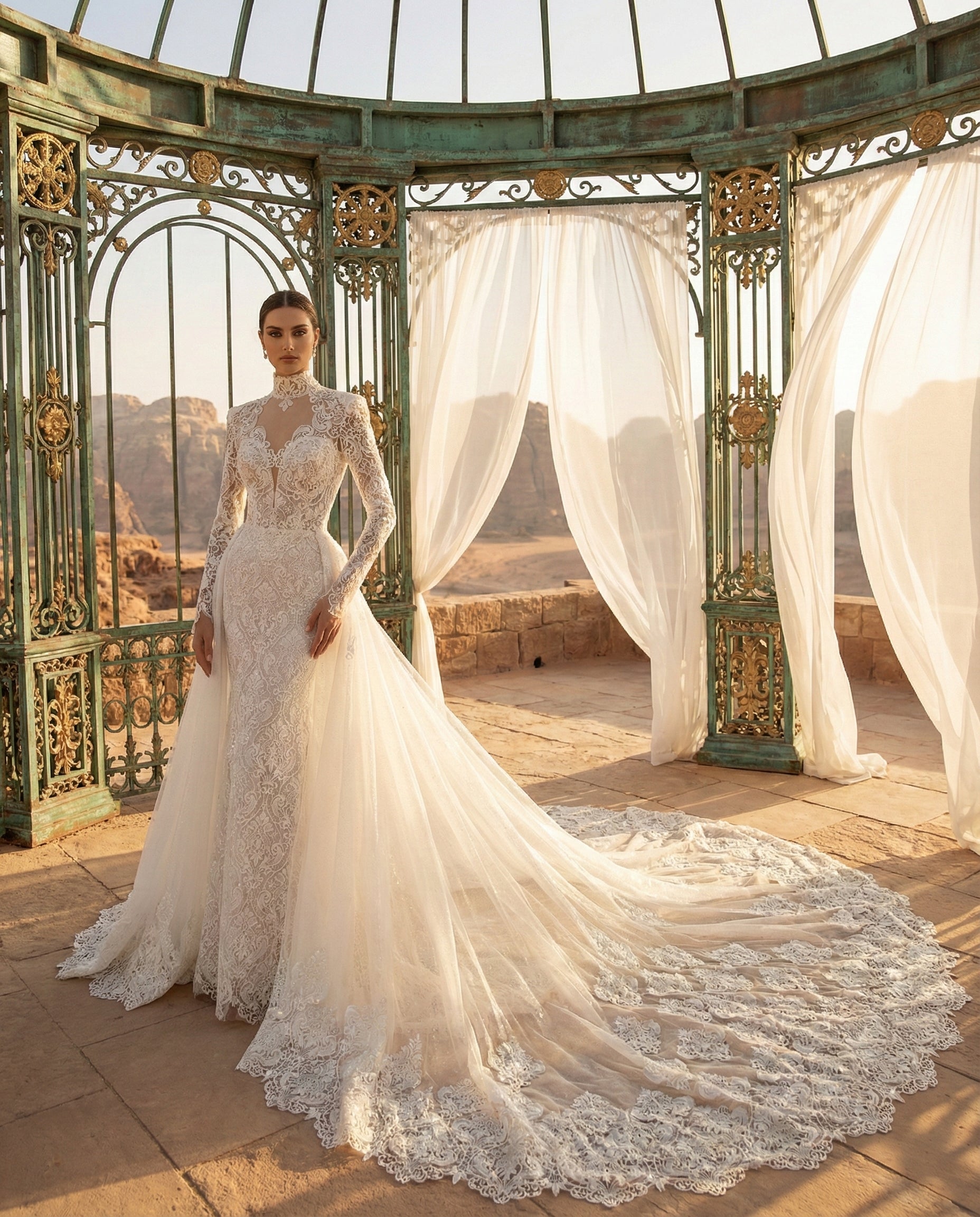 Abito da Sposa a Sirena in Pizzo macramè con Collo Alto e Sopragonna con Strascico Cattedrale - Luigi Bruno - Modello LBS406