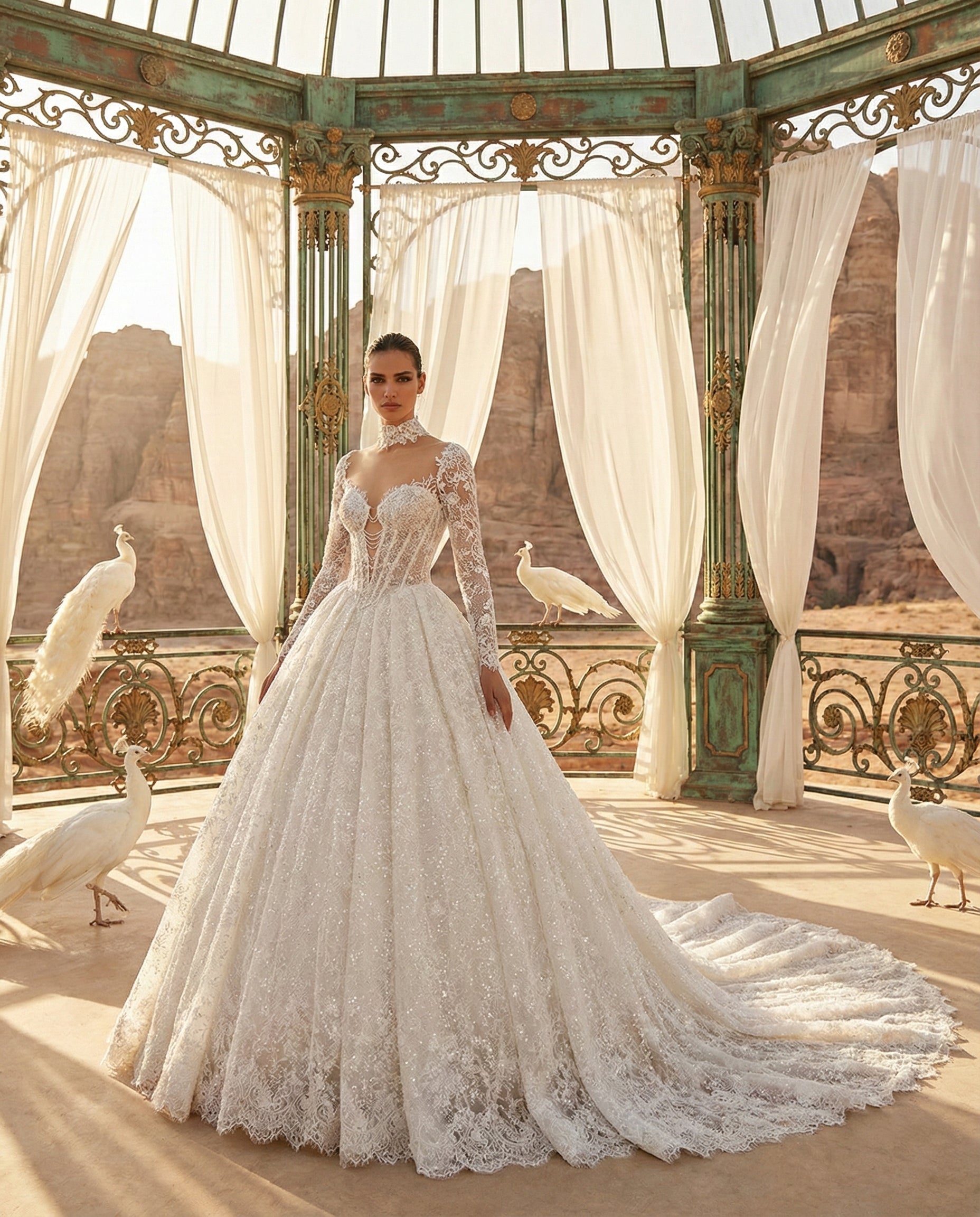 Abito da Sposa Stile Principessa in Pizzo Ricamato con Maniche Lunghe e Collo Alto - Luigi Bruno -Modello LBS407