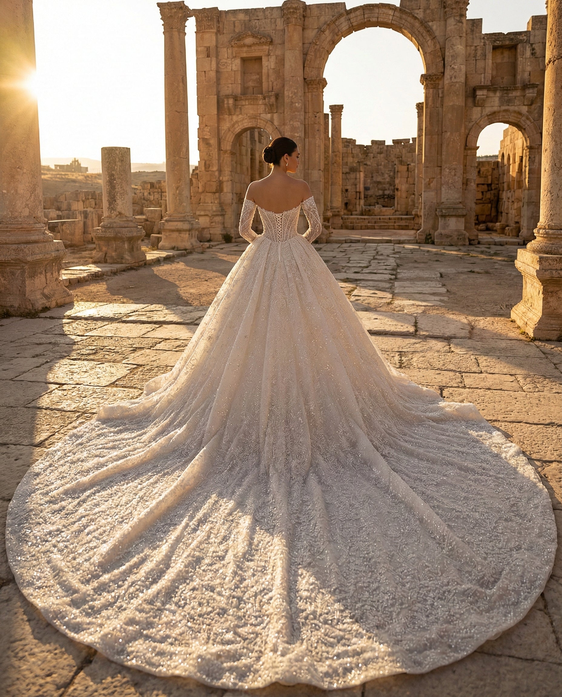 Abito da Sposa Stile Principessa in Pizzo Ricamato con Maniche Lunghe e Collo Alto - Luigi Bruno - Modello LBS408