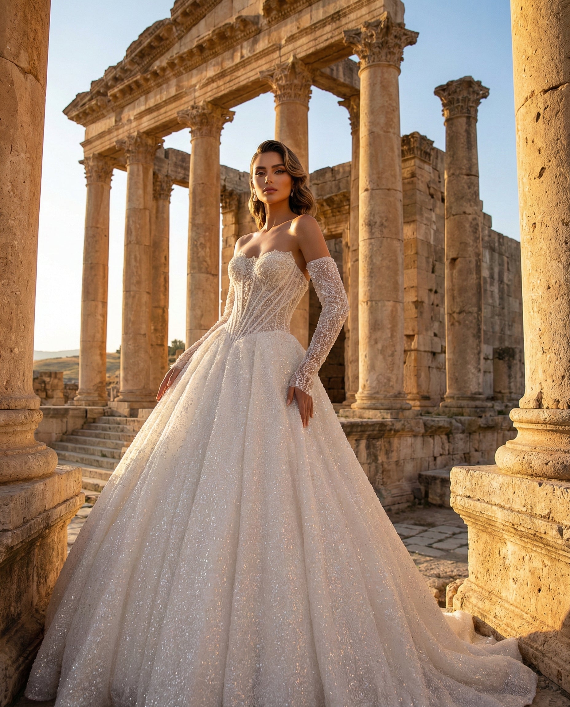 Abito da Sposa Stile Principessa in Pizzo Ricamato con Maniche Lunghe e Collo Alto - Luigi Bruno - Modello LBS408