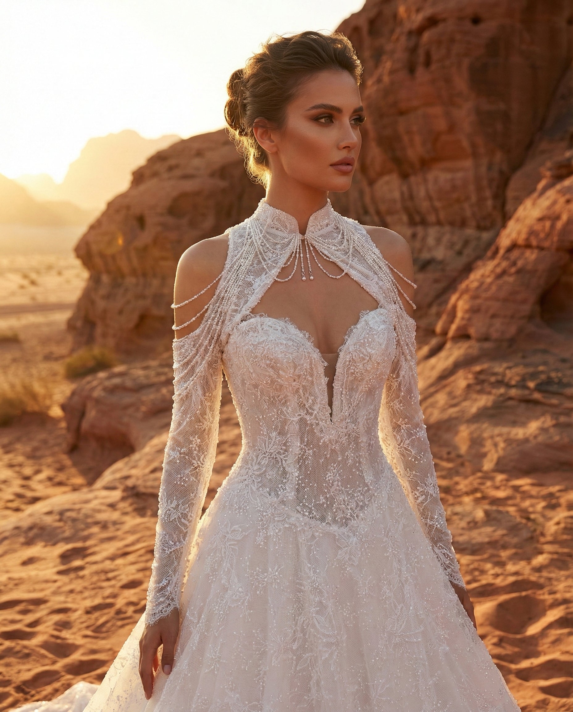 Abito da Sposa di Lusso Trasformabile in Pizzo con Mantellina di Perle e Maxi Strascico Cattedrale