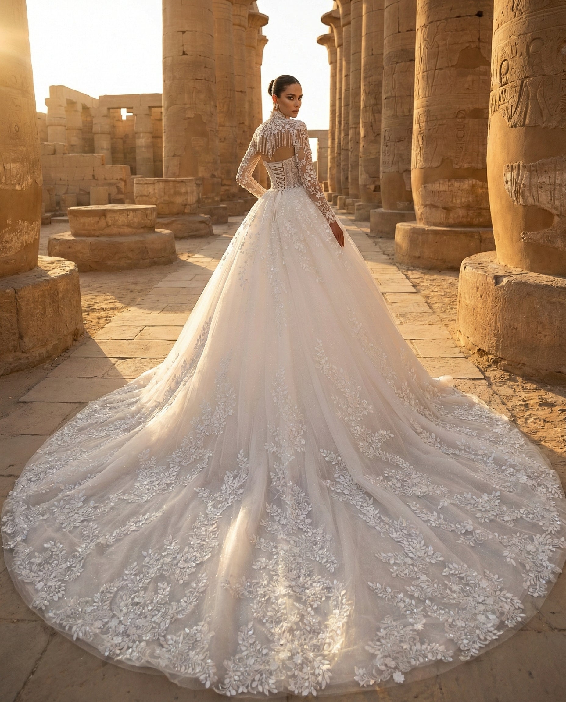 Abito da Sposa Principesco in Pizzo con Maniche Lunghe e Collo Alto Gioiello | LUIGI RBUNO - Modello LBS413