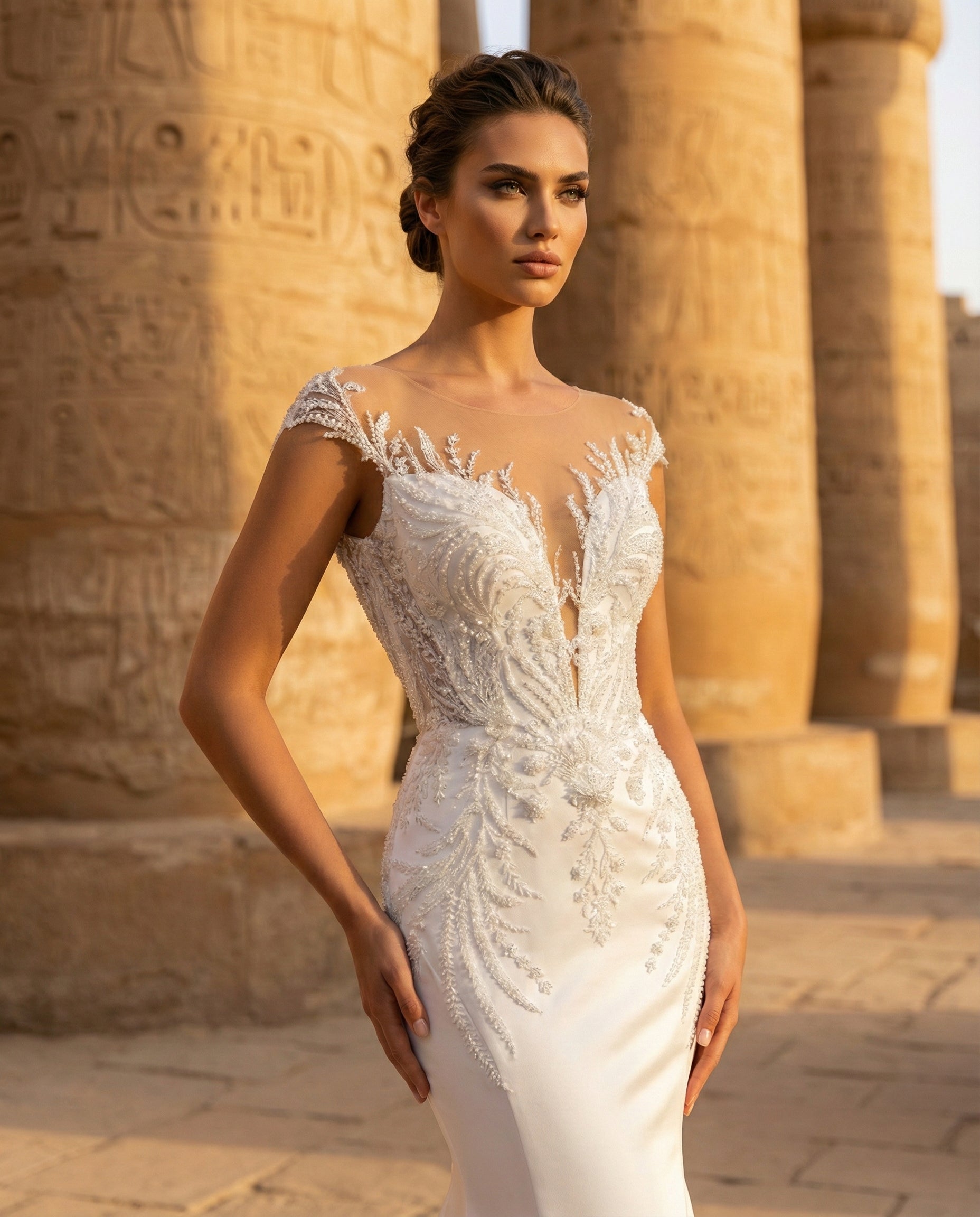 Abito da Sposa a Sirena in mikado con Corpetto Gioiello Effetto Tattoo e Strascico Floreale - LUIGI BRUNO - MODELLO LBS421