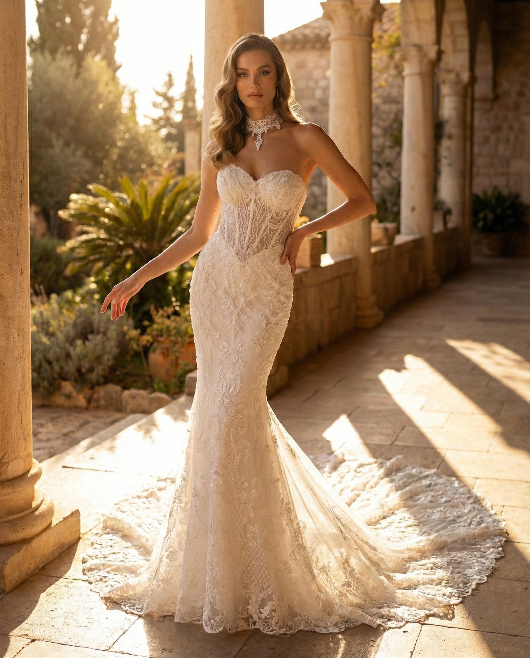 Abito da Sposa a Sirena con Corsetto Scultura e Mantella in Pizzo - LUIGI BRUNO - MODELLO LBS423