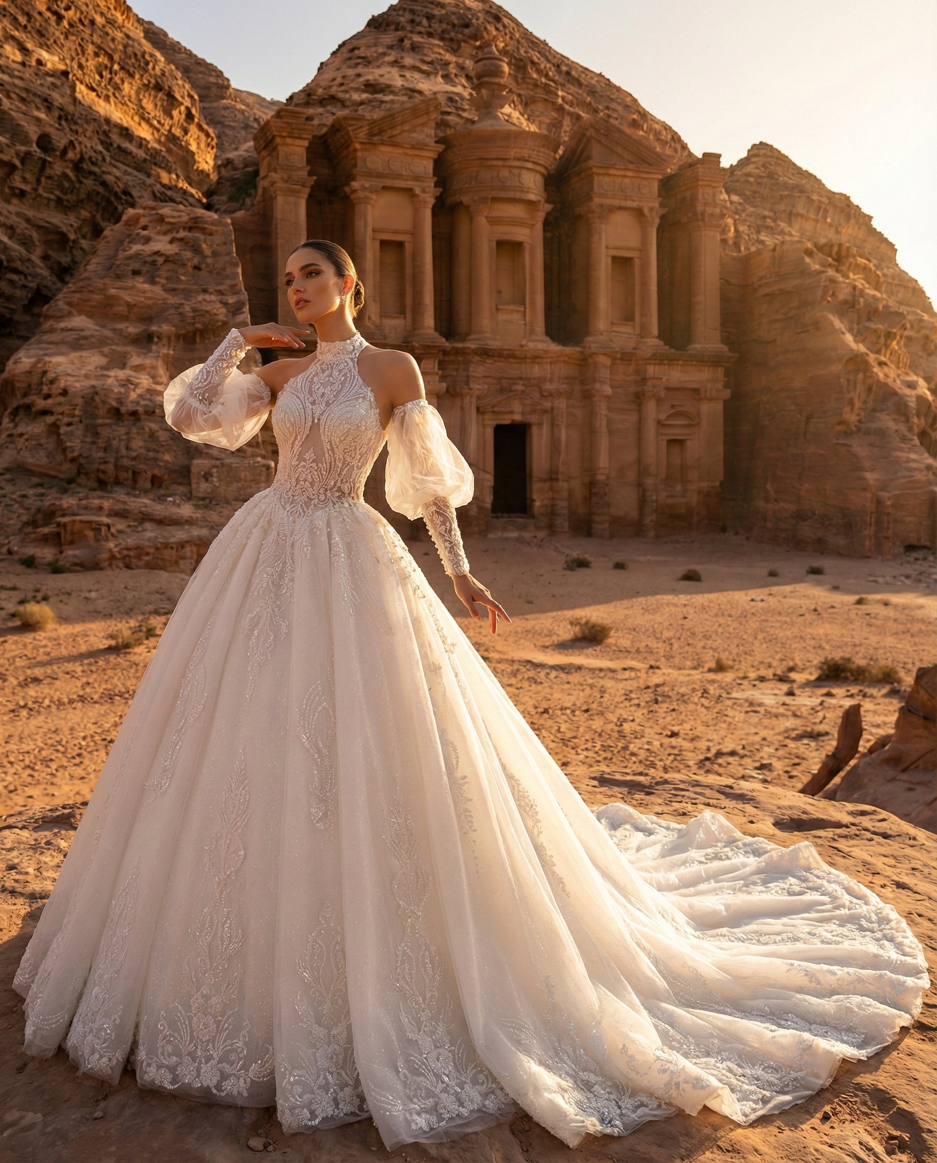 Abito da Sposa Principesco con Ricami Preziosi e Collo Alto Modello LBS 425