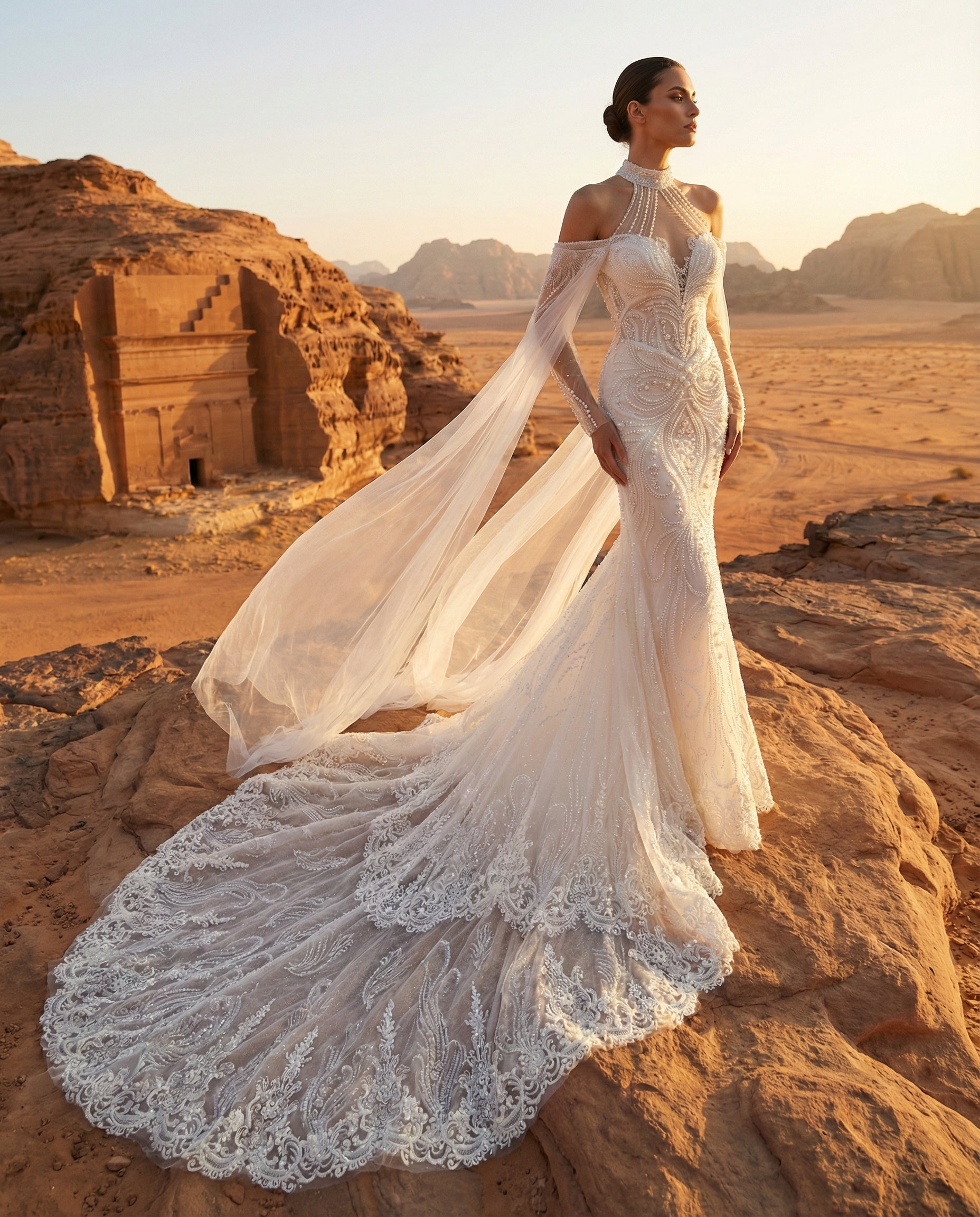 Abito da Sposa a Sirena Gioiello con Intricati Ricami in Perle e Mantella Scenografica - LUIGI BRUNO - MODELLO LBS426