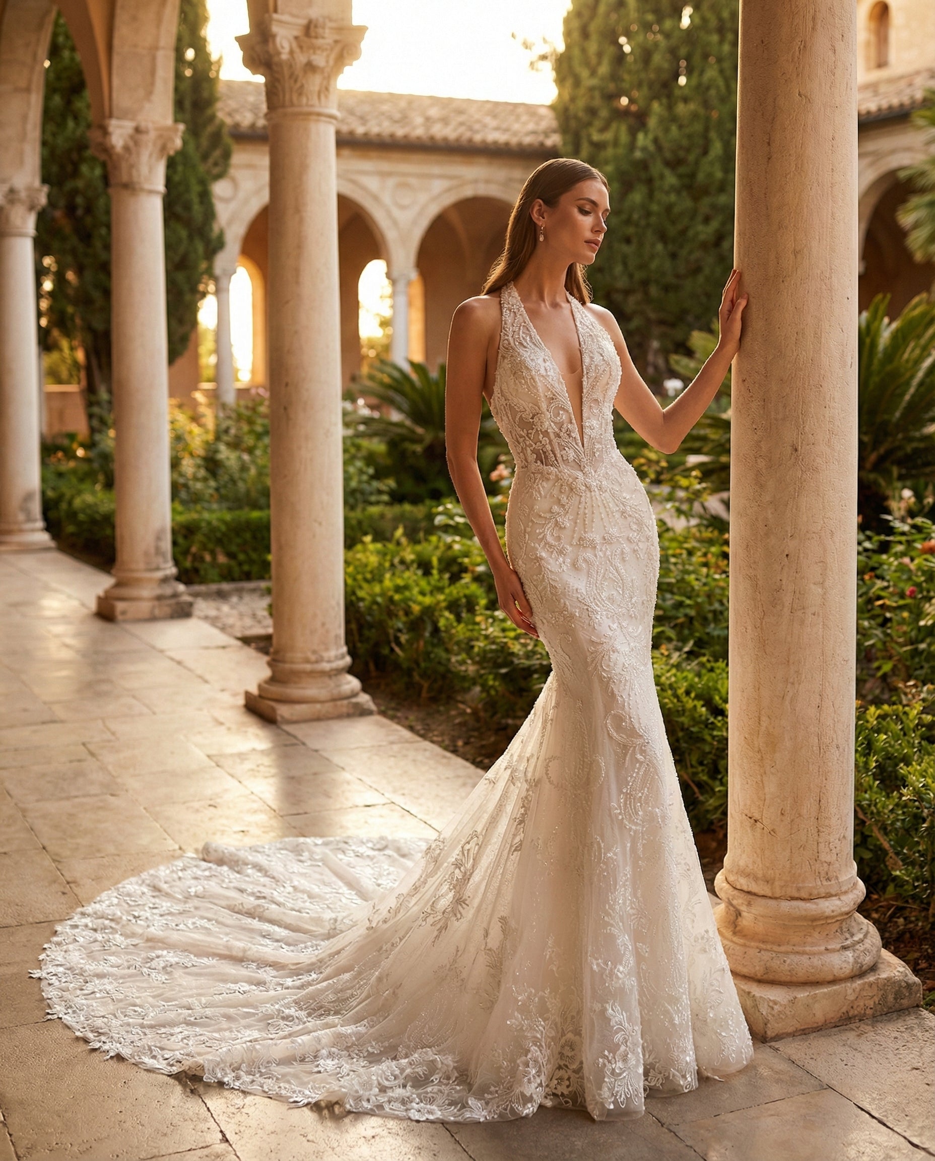 Abito da Sposa a Sirena in Pizzo Ricamato con Scollo a V Profondo e Maniche Effetto Illusione - LUIGI BRUNO - MODELLO LBS427