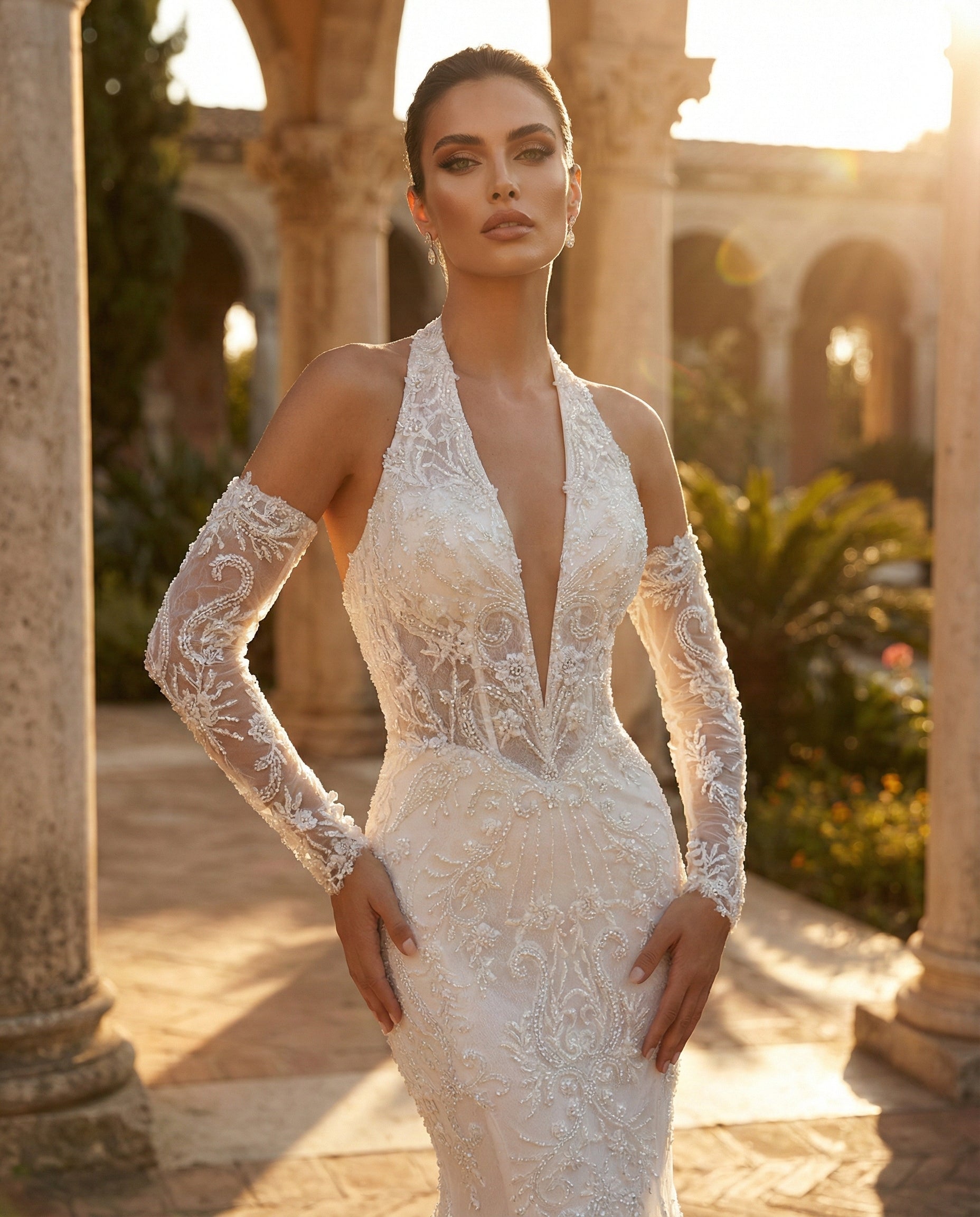 Abito da Sposa a Sirena in Pizzo Ricamato con Scollo a V Profondo e Maniche Effetto Illusione - LUIGI BRUNO - MODELLO LBS427